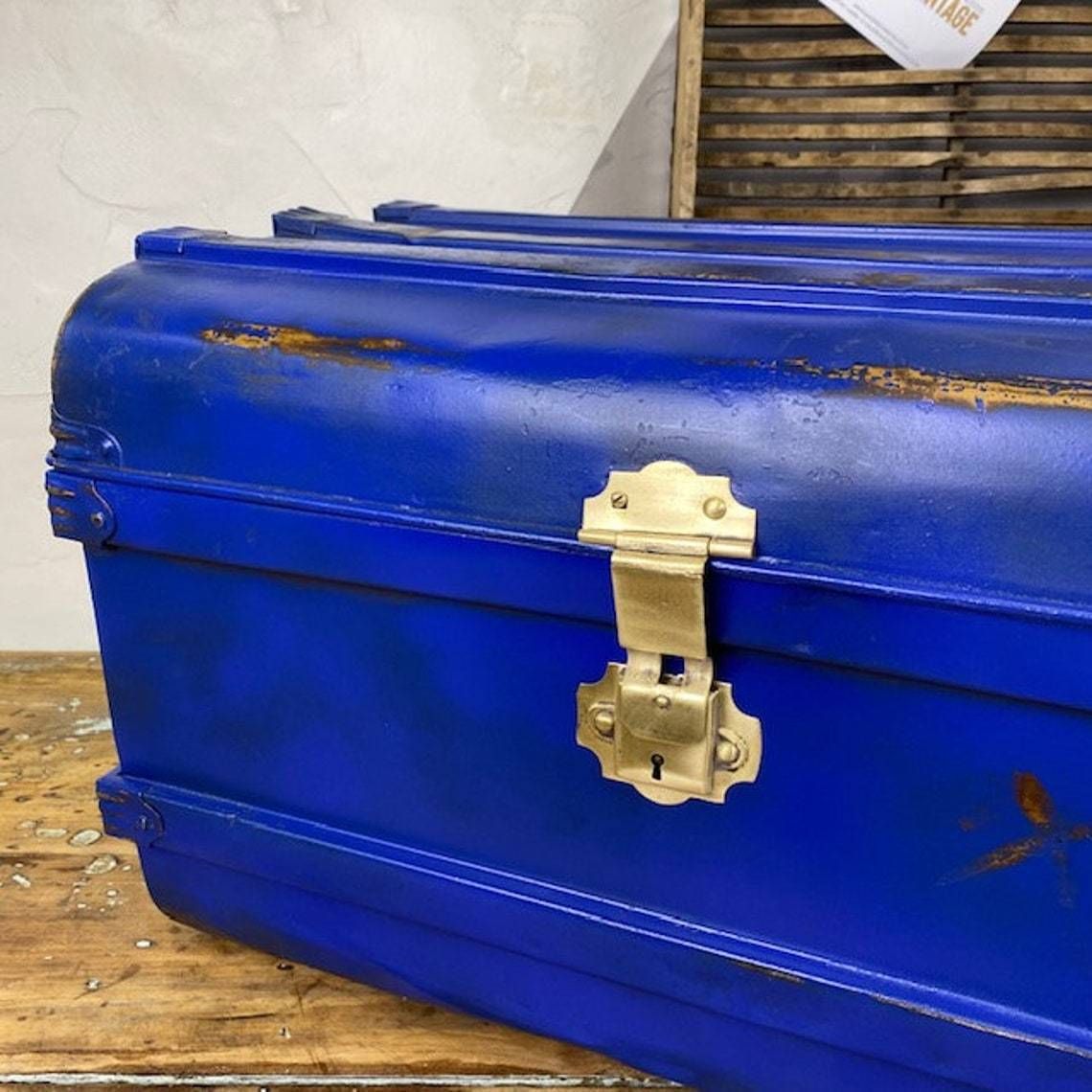 Sml Industrial Blue Steamer Trunk Chest Coffee Table Storage Box photo for sale