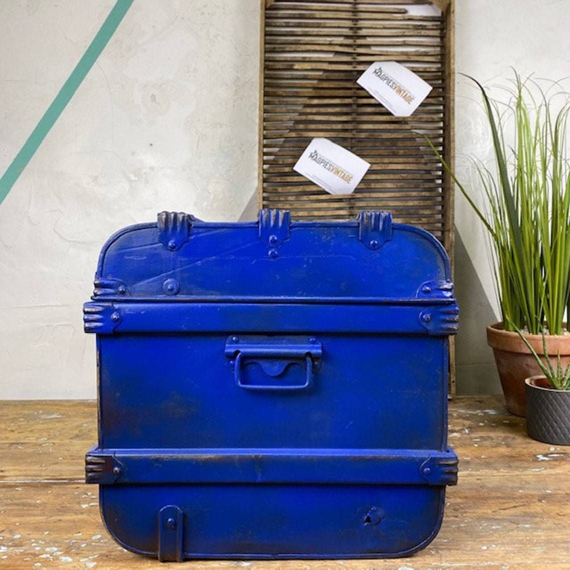 Sml Industrial Blue Steamer Trunk Chest Coffee Table Storage Box photo vintage