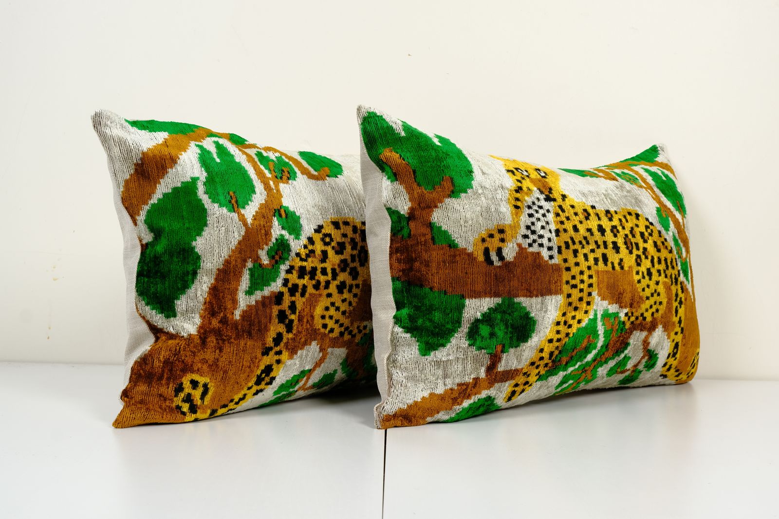 Set Of Two Ikat Velvet Pillow Cover, Pair Handmadetiger Silk Velvet Lumbar Pillow Cover, Uzbek Animal Cushion Cover 16" X 24" photo Textiles