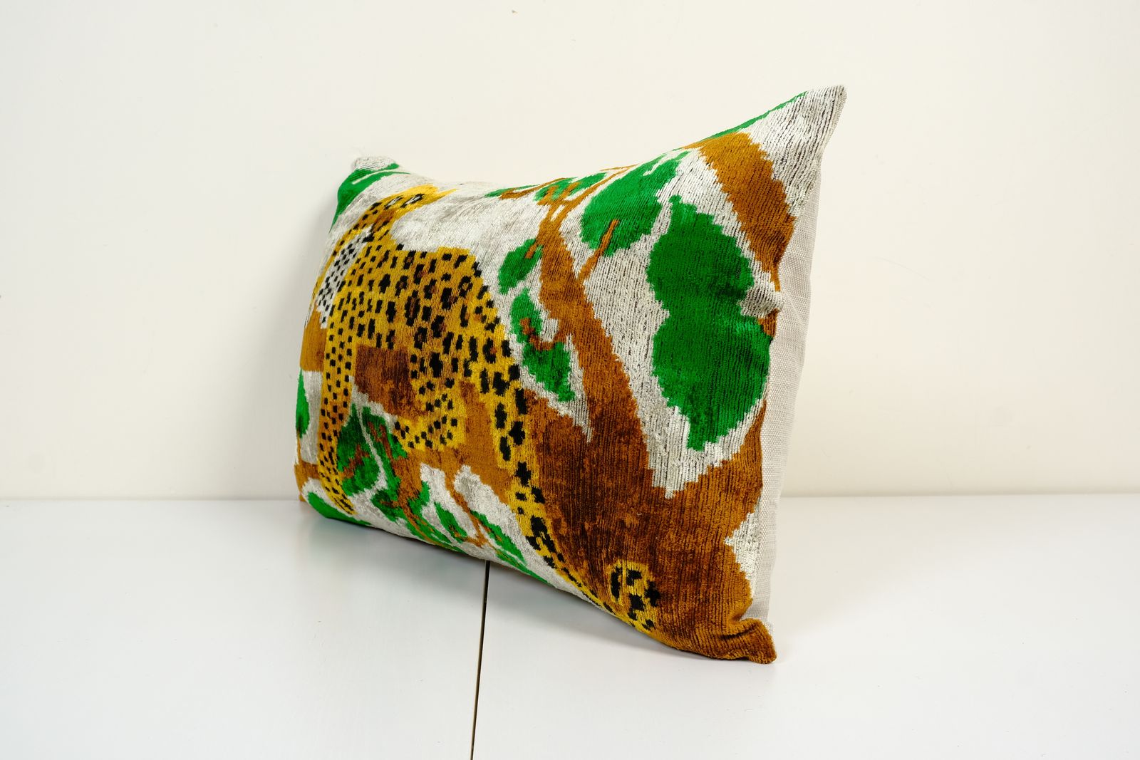 Ikat Velvet Pillow Cover, Tiger Silk Velvet Lumbar Pillow Cover, Uzbek Animal Cushion Cover 16" X 24" photo Textiles