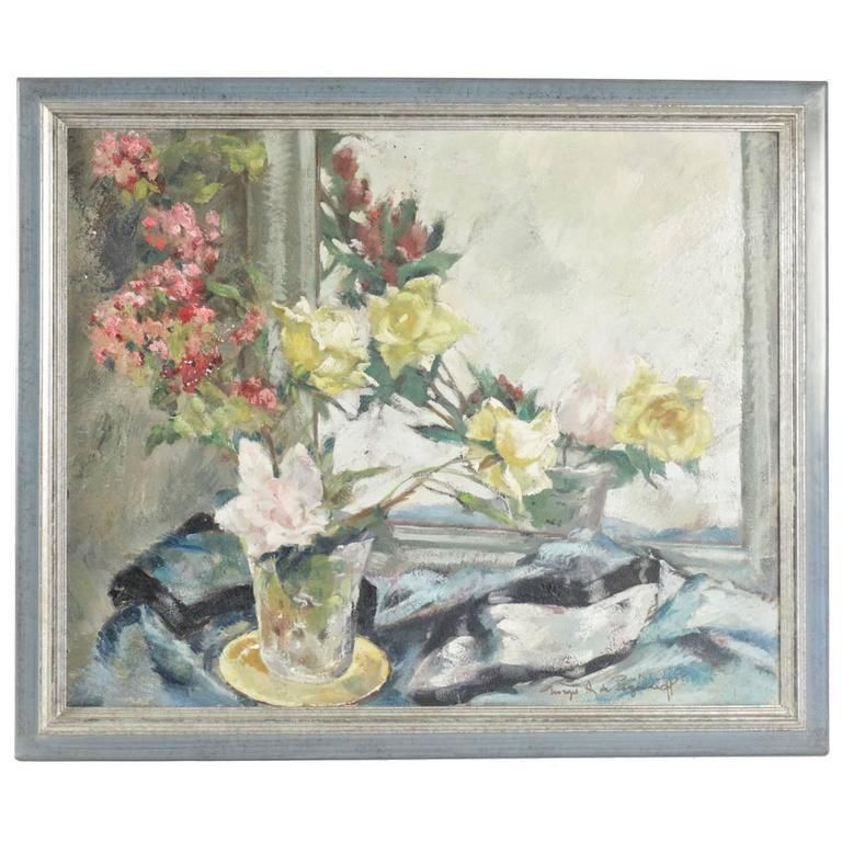 Painting On Wood 20th Century Of A Bouquet Of Flowers In Front Of A Mirror