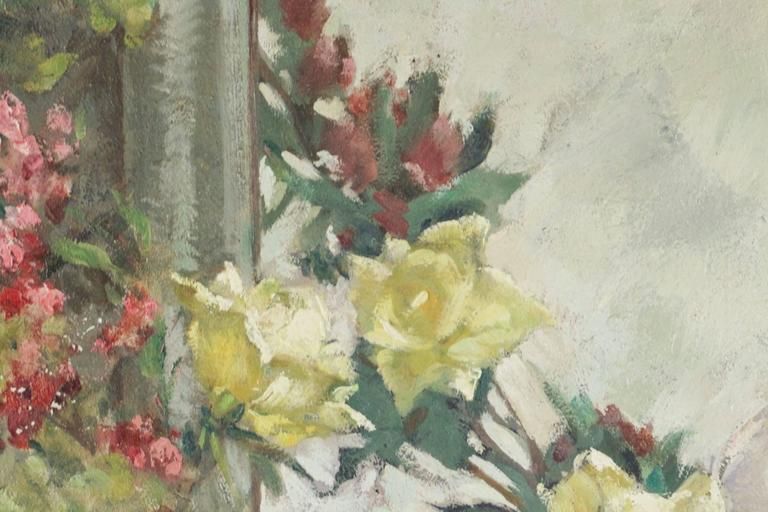 Painting On Wood 20th Century Of A Bouquet Of Flowers In Front Of A Mirror photo for sale