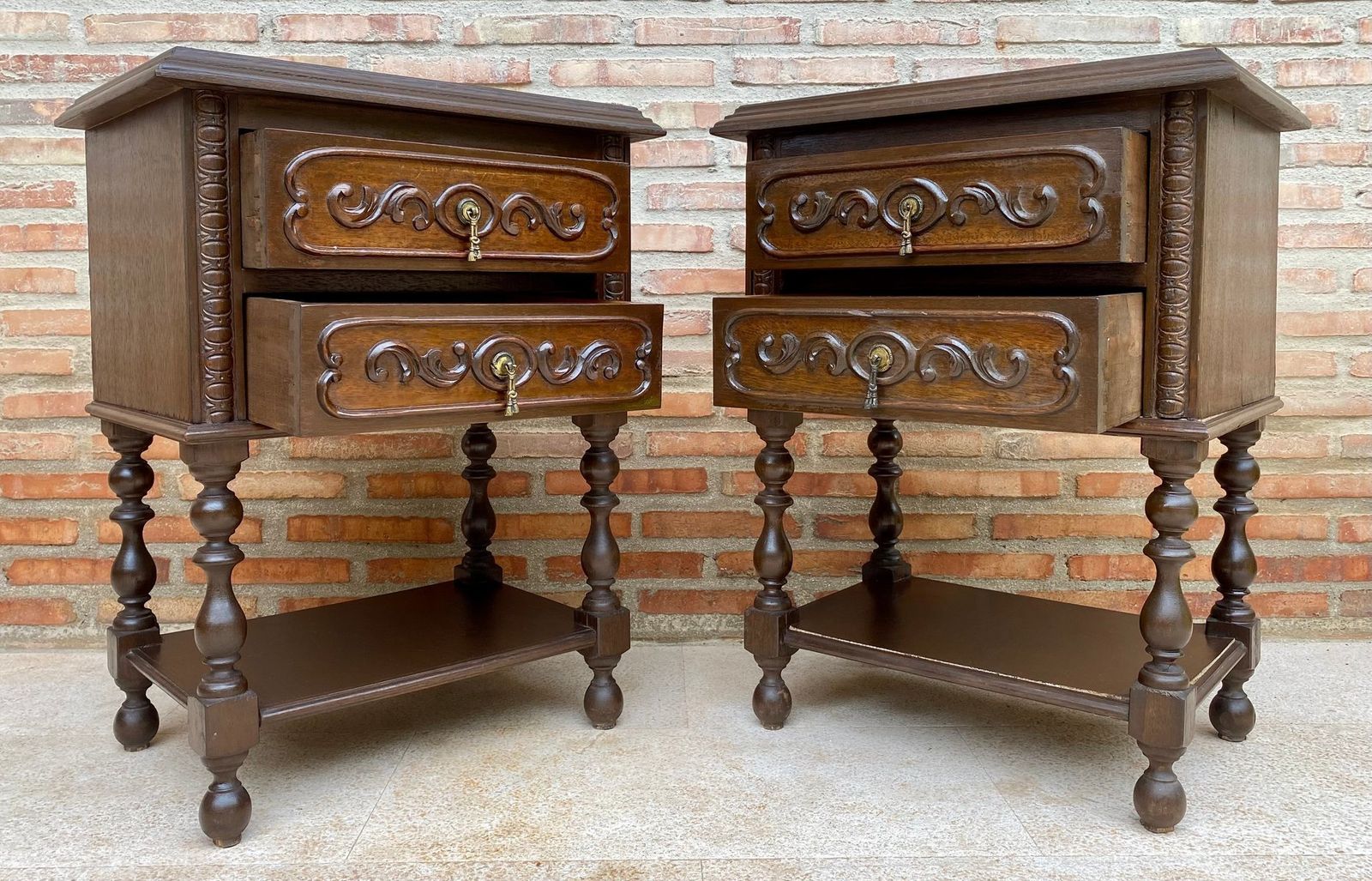 French Nightstands In Carved Walnut Two Drawers And Shelf, Set Of 2 photo for sale