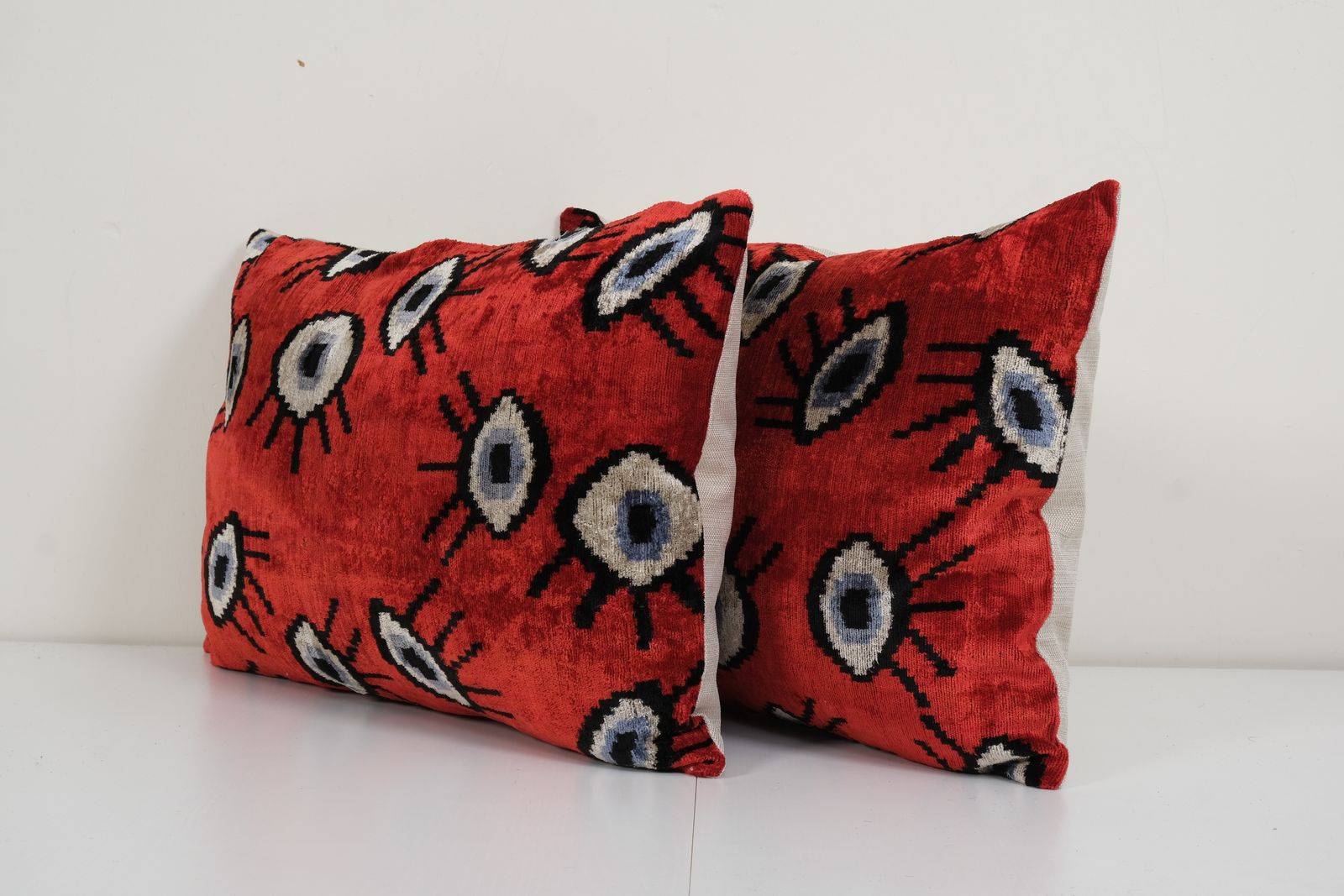16" X 24" Ikat Eye Red Pillow Pillow Cover   Silk Ethnic Velvet Lumbar Pillow Cover   Ethnic Decorative Pillow   Velvet Ikat Pillow Set Of Two photo for sale