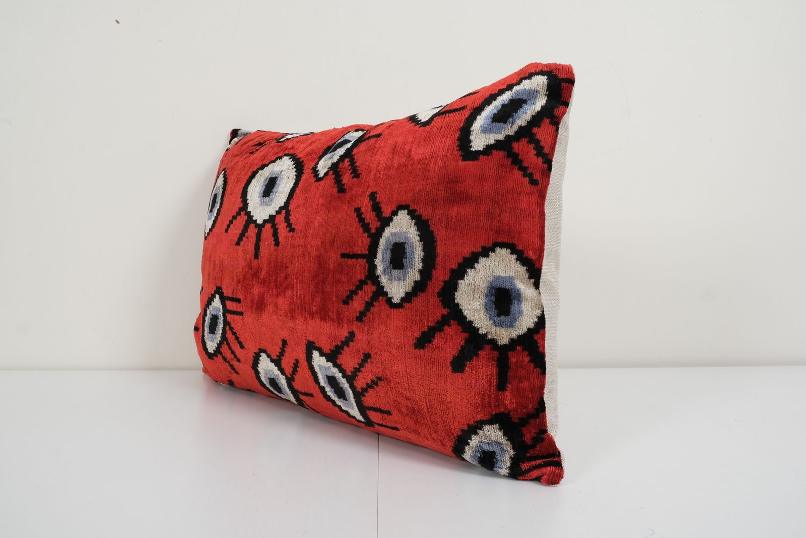 16" X 24" Ikat Eye Red Pillow Pillow Cover   Silk Ethnic Velvet Lumbar Pillow Cover   Ethnic Decorative Pillow   Velvet Ikat Pillow photo furniture
