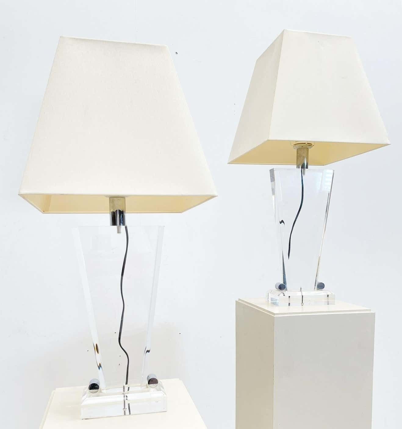 Pair Of Mid Century Plexiglass Table Lamp With Lampshade   Italy 1970s photo vintage