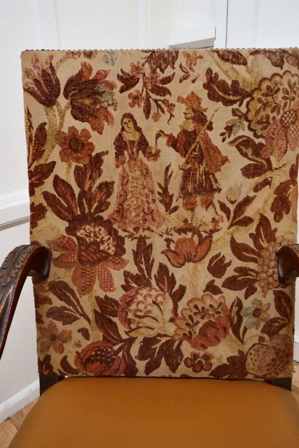 Carved French Oak Salon Throne Chair  Original Pictorial Upholstery photo for sale