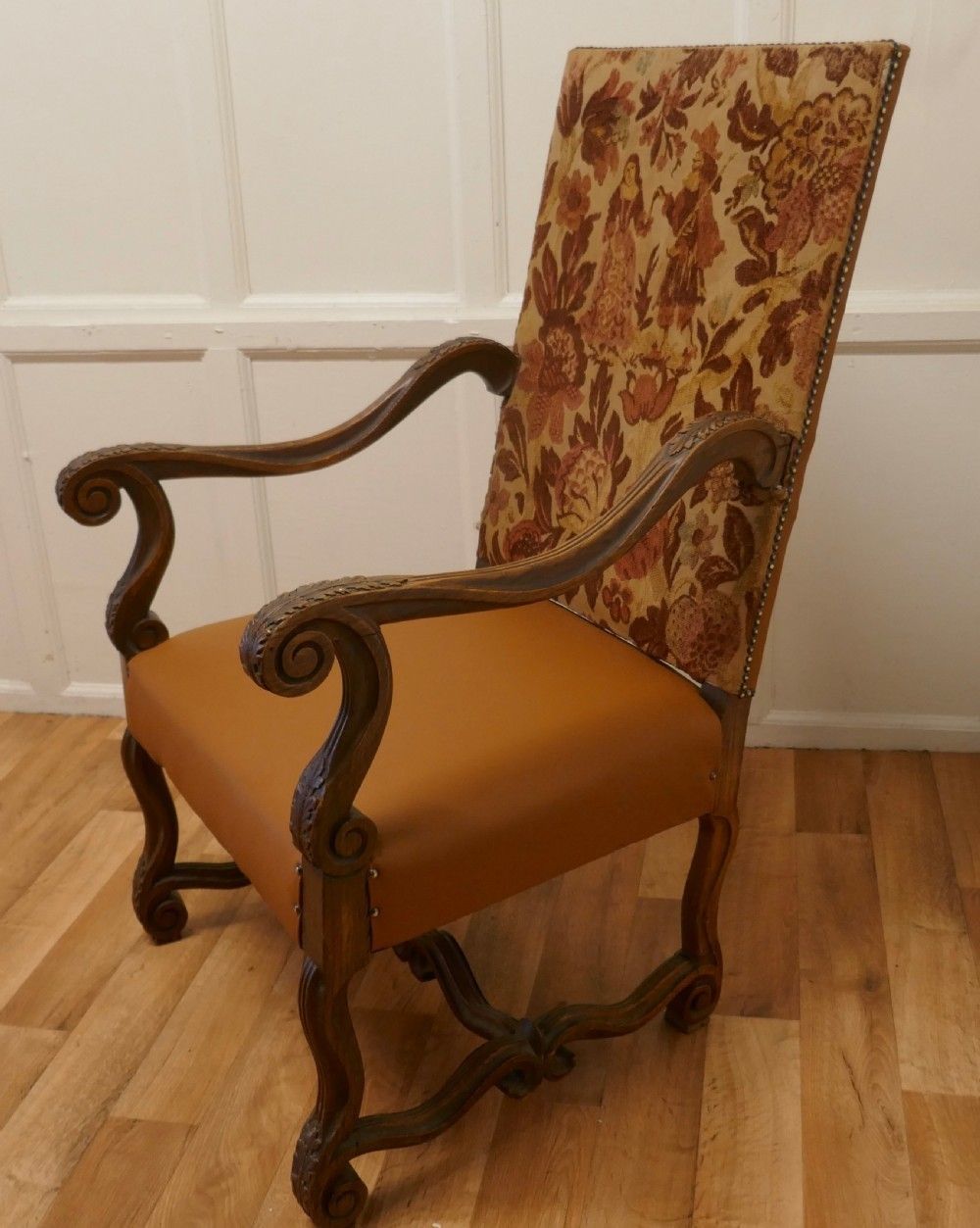 Carved French Oak Salon Throne Chair  Original Pictorial Upholstery photo 1038.0