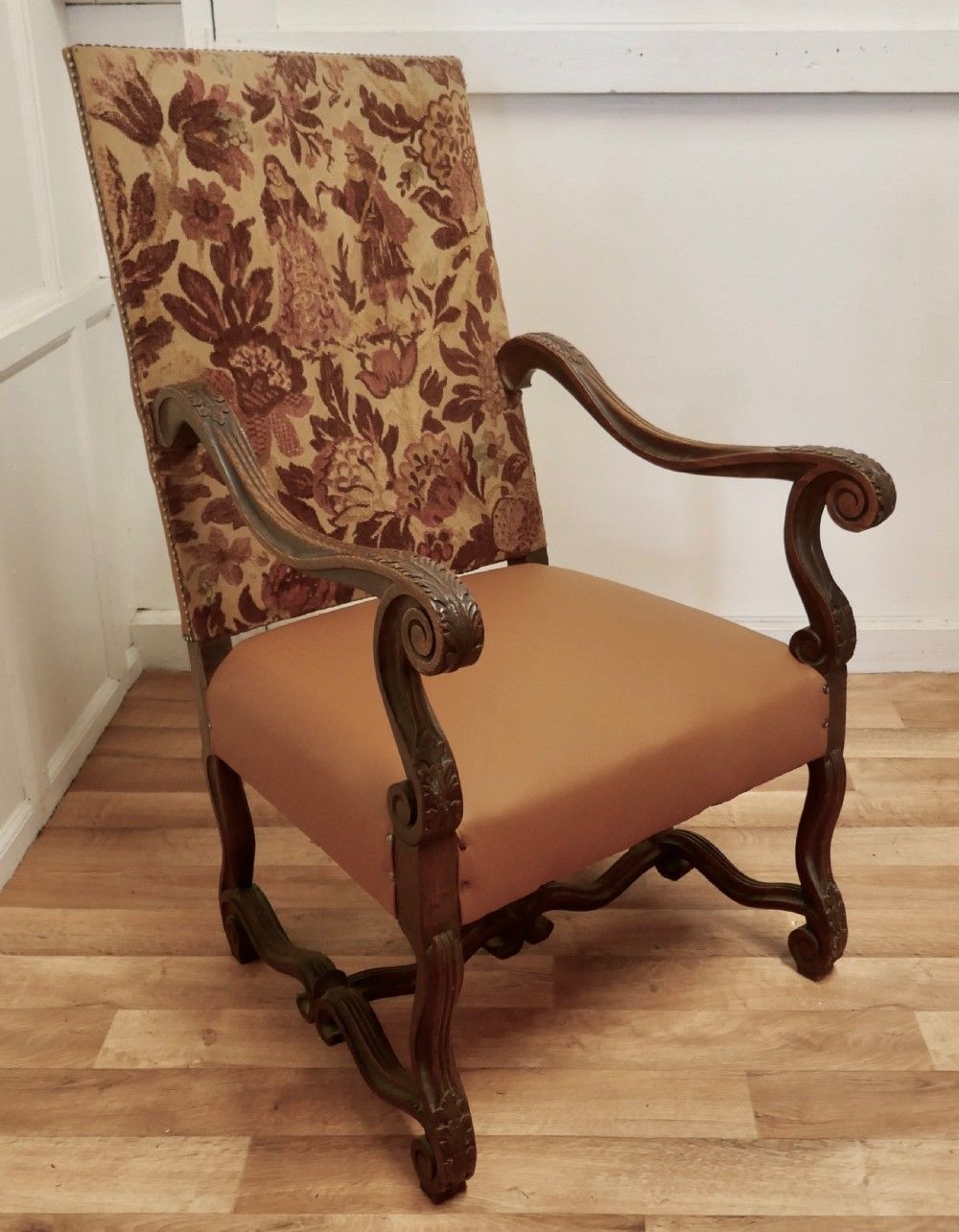 Carved French Oak Salon Throne Chair  Original Pictorial Upholstery photo vinterior