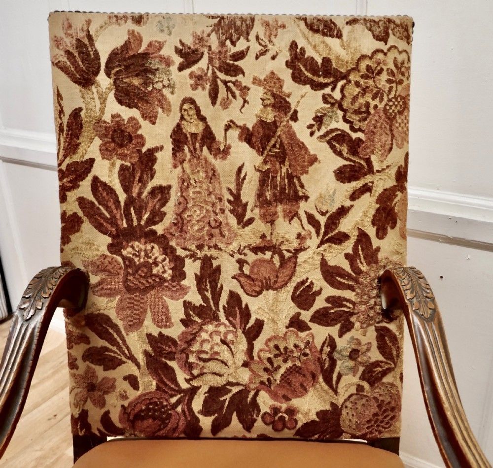 Carved French Oak Salon Throne Chair  Original Pictorial Upholstery photo vintage
