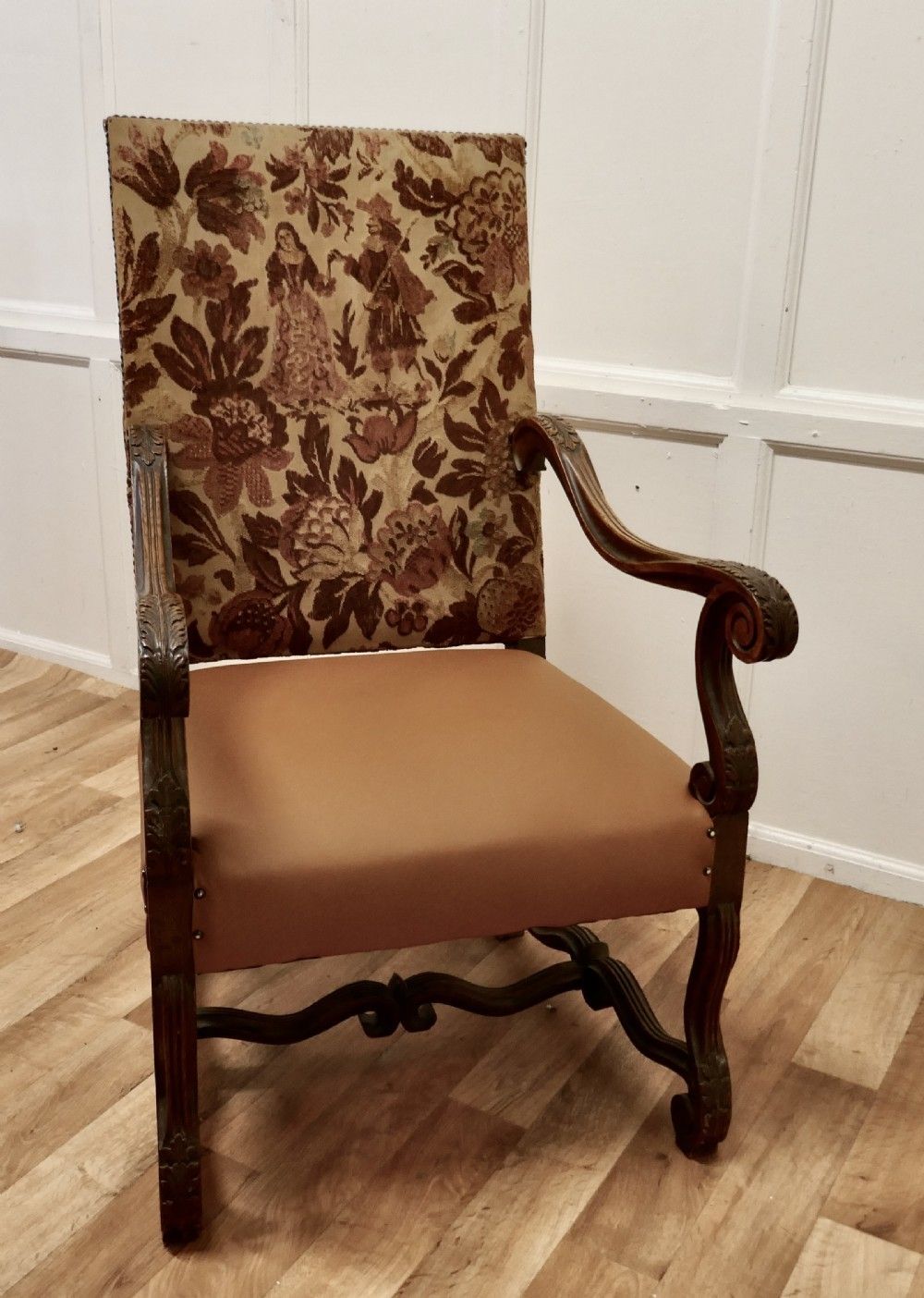 Furniture Carved French Oak Salon Throne Chair  Original Pictorial Upholstery photo