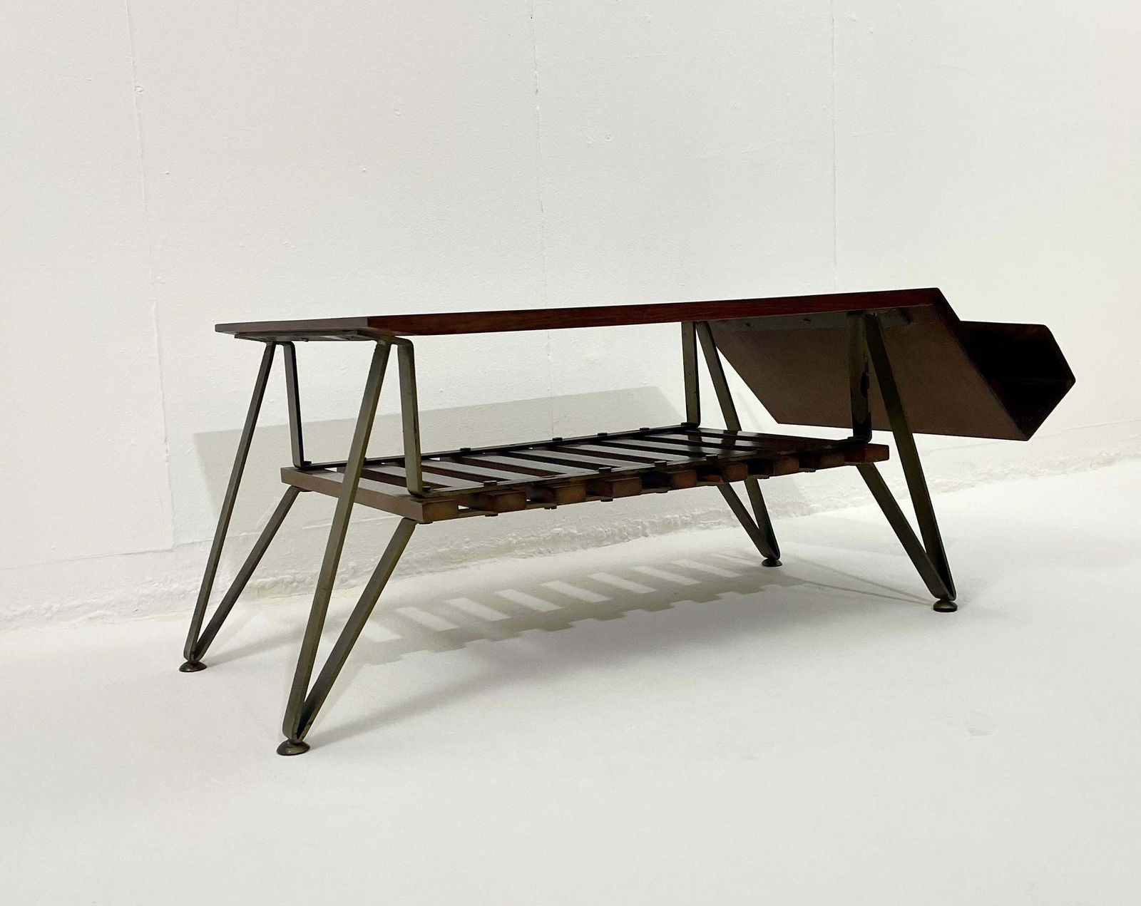 Mid Century Modern Italian Coffee Table With Magazine Rack, Wood And Metal, 1960 photo vintage