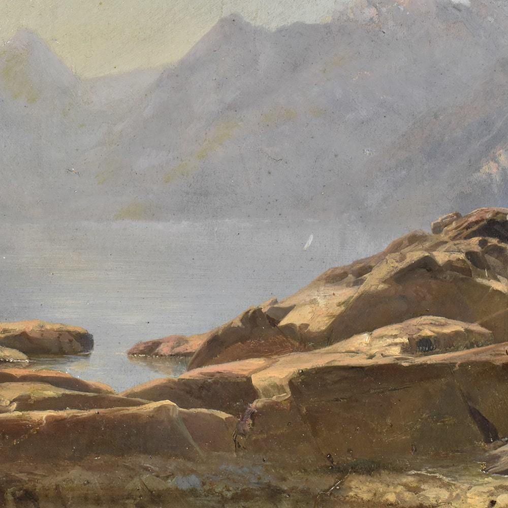 Antique Mountain Landscape Painting, Oil On Paper, XIX Century. (Qp405) photo Art