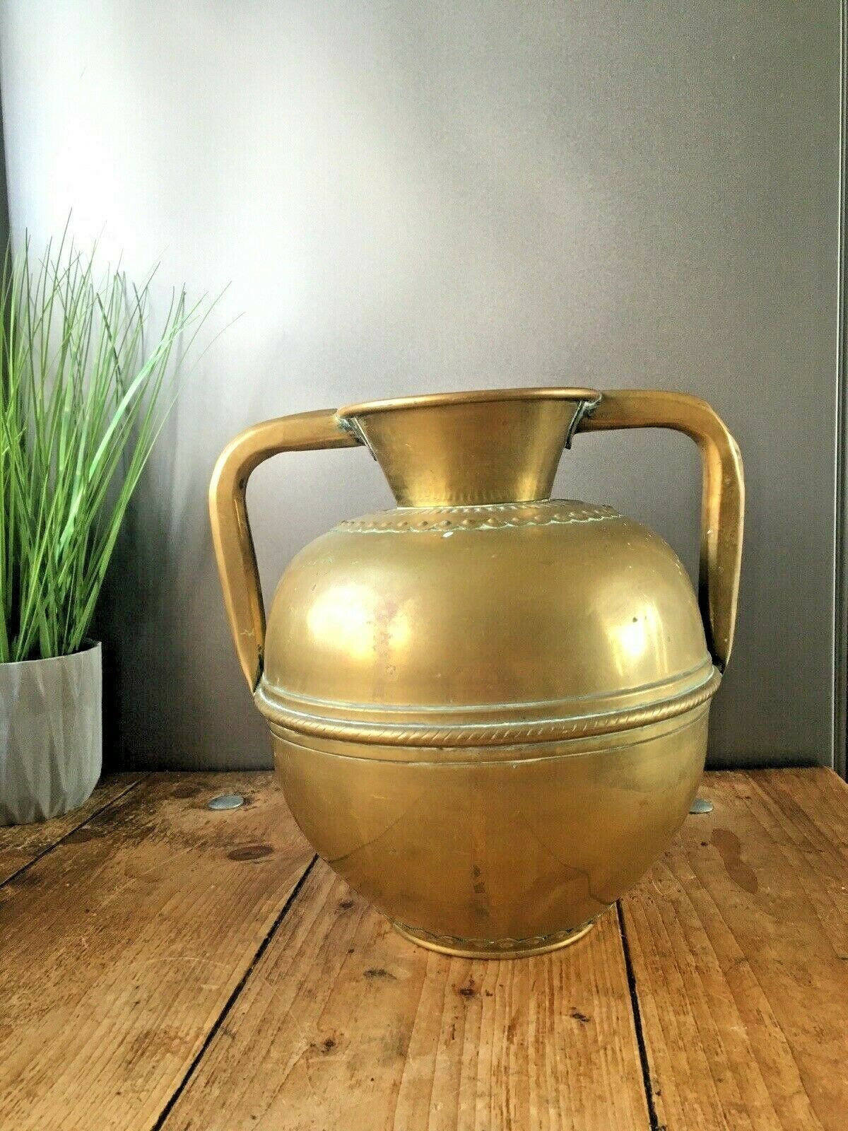 Antique French Brass Twin Handled Urn Water Jug Vase Garanti Villedieu Plant Pot photo furniture