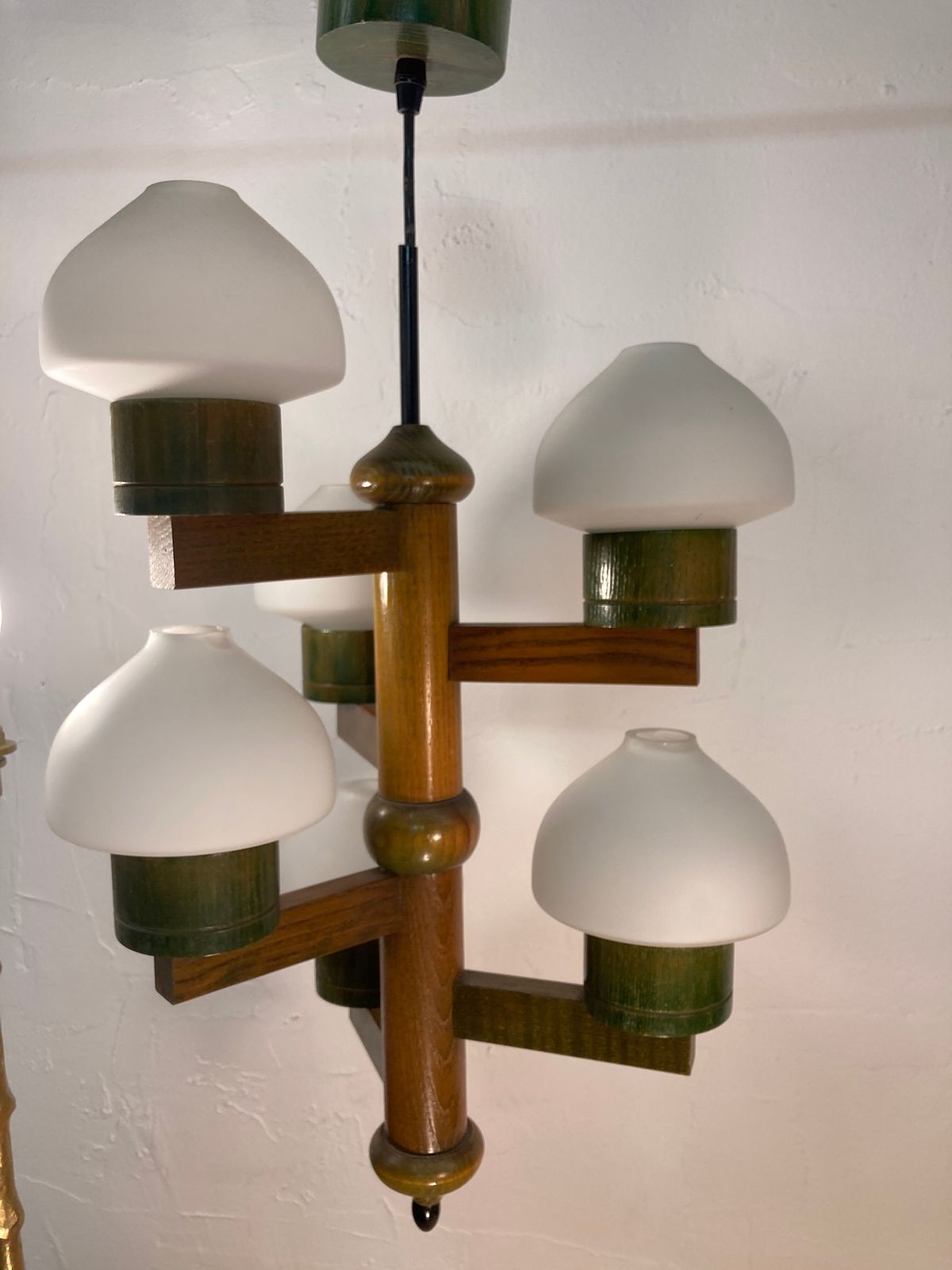 Midcentury Scandinavian Wood And Opaline Glass Hanging Pendant photo buy