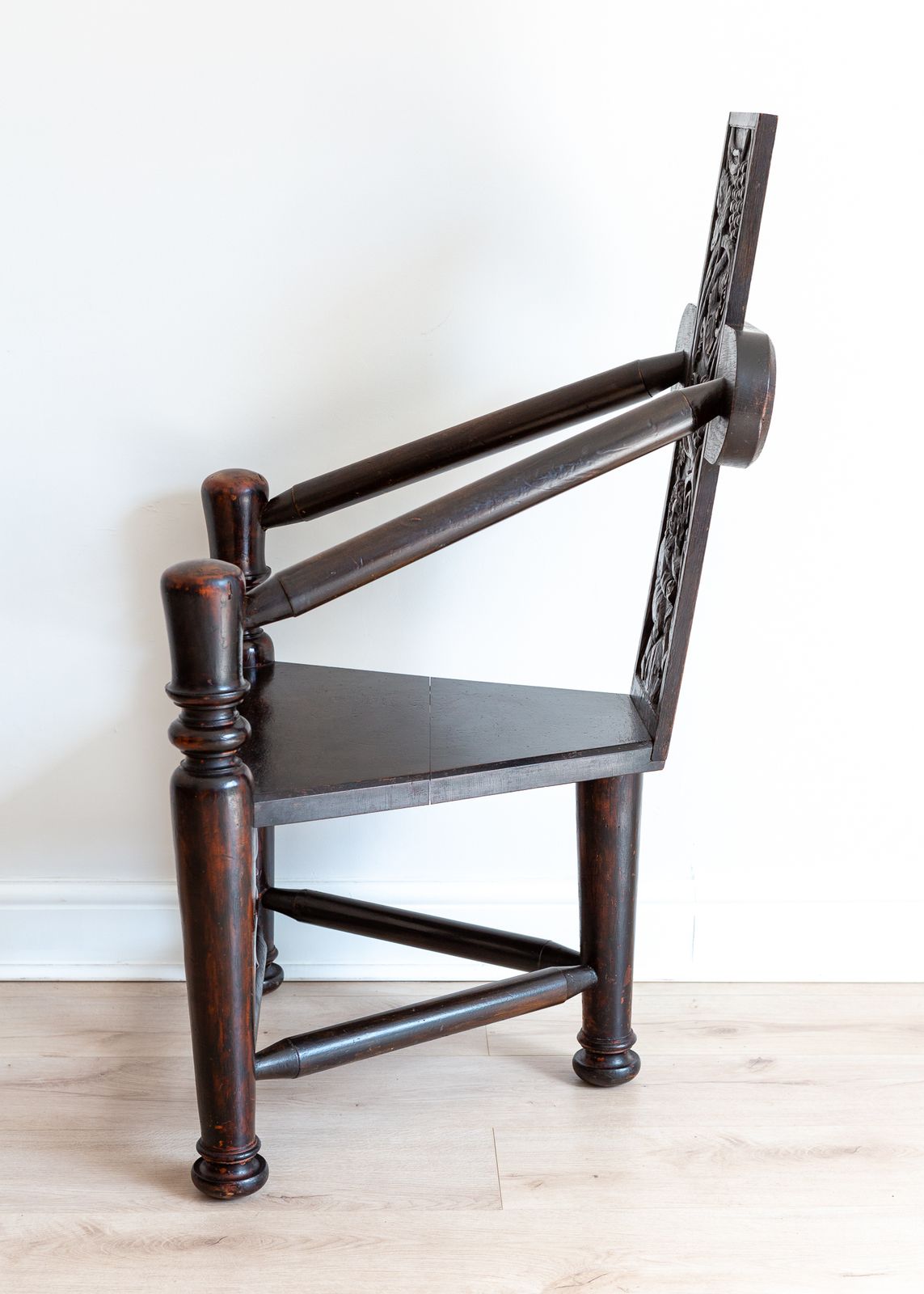 Unique 18th Century Tall Back Carved Turner’s Chair Lacquered Statement Throne Chair photo buy