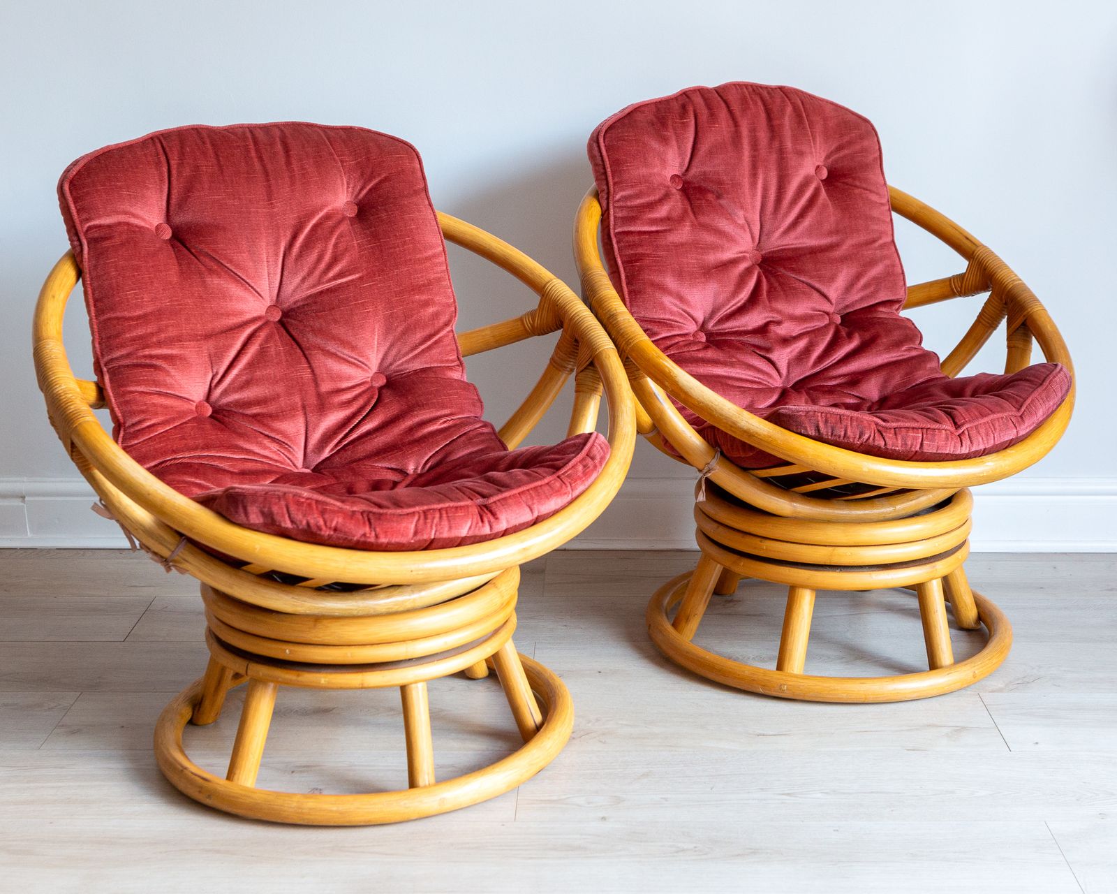 Rare Pair Of 1970s Bamboo Swivel Chairs Mcm Easy Chairs By Angraves Of Leicester