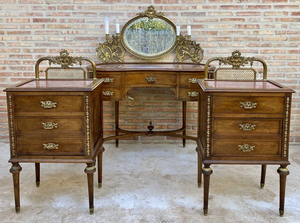 photo for sale French Walnut And Bronze Dressing Table Or Vanity With Candelabra Arms