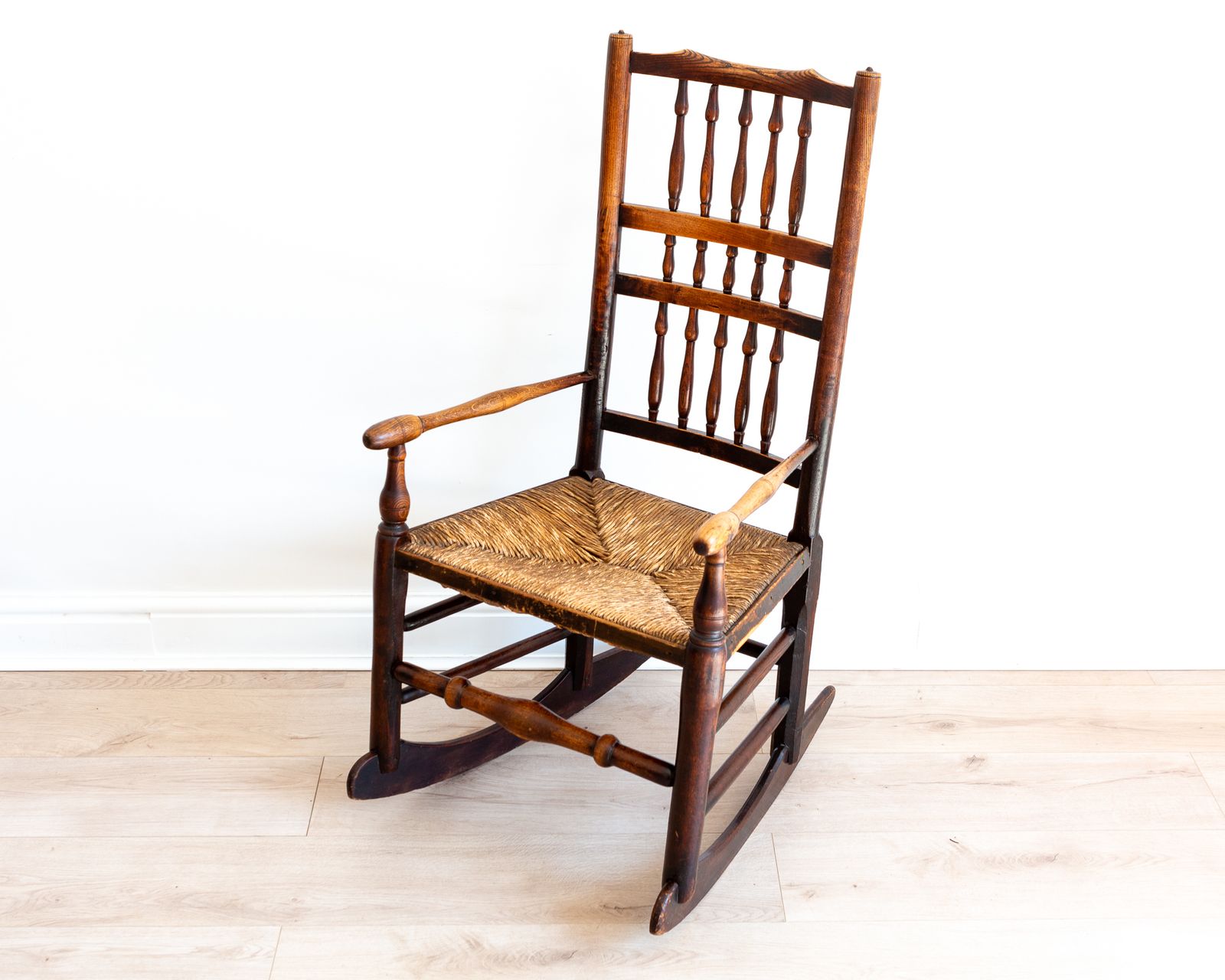 Georgian Rocking Chair 18th Century English Antiqu.E Lancashire Armchai.R Spindle Back Rush Seat Ash Elm Country Farmhouse Rusti.C photo for sale