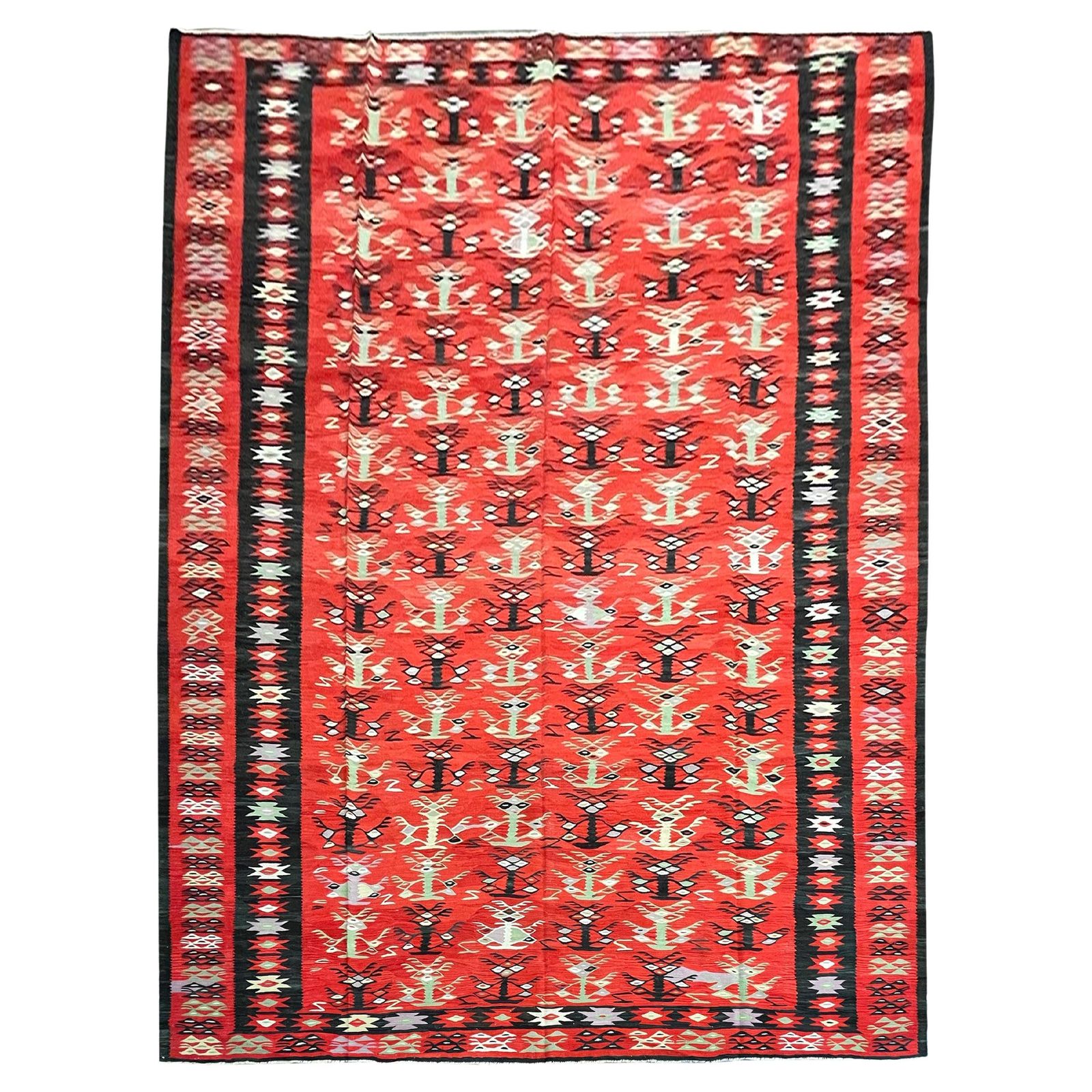 Antique Kilim Rug Turkish Handmade Carpet Flatwoven Red Geometric Rug 375x317cm