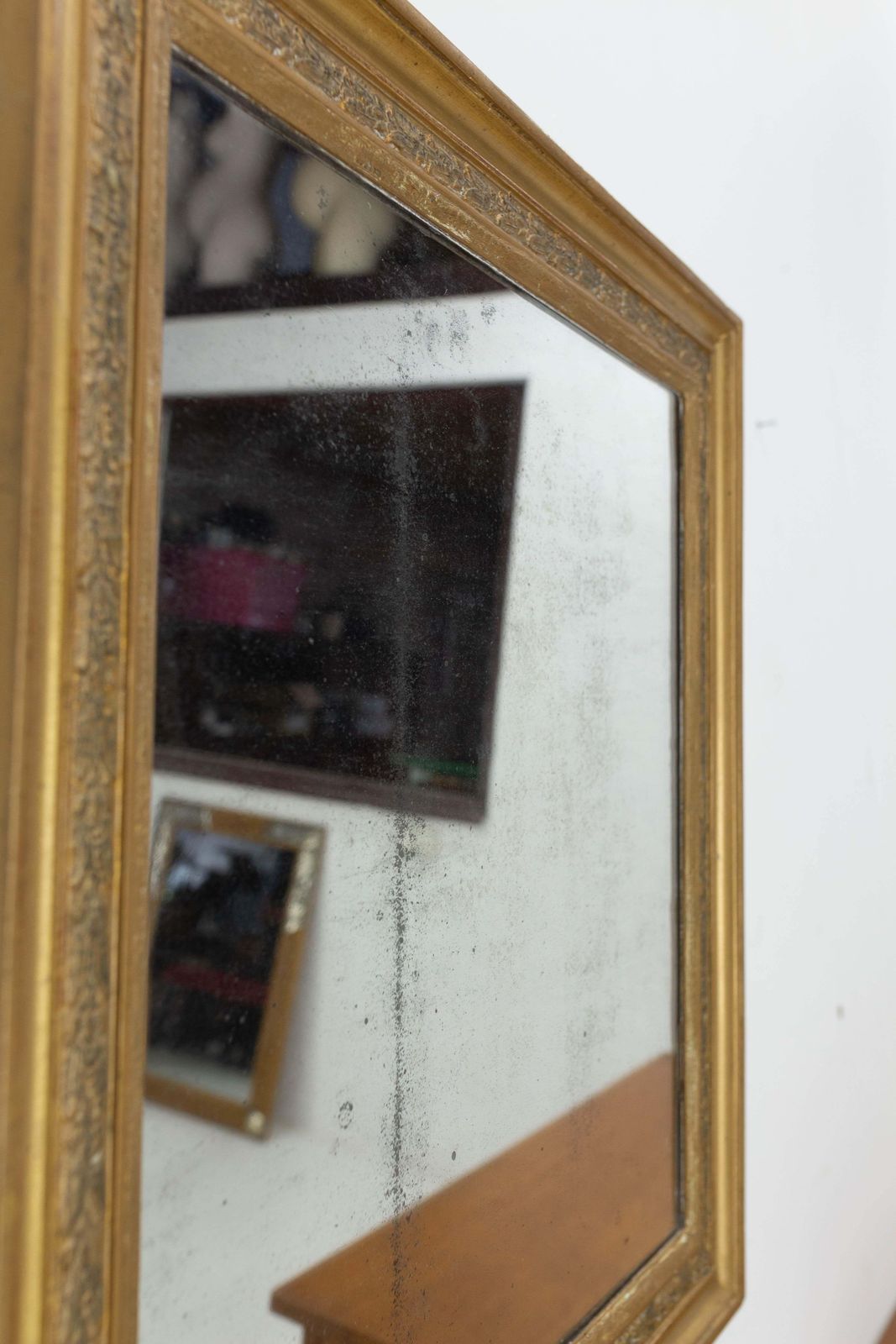 French Golden Frame Stucco Mirror Vegetal Patterns, Early 20th Century photo furniture