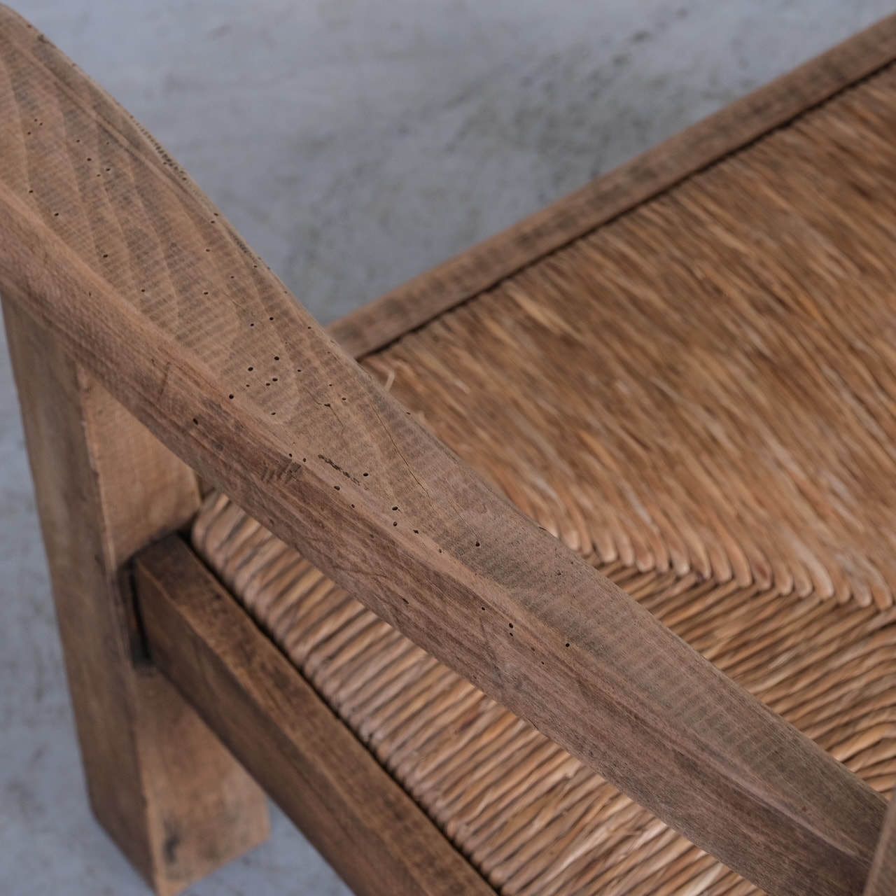 photo for sale Pair Of Mid Century French Rush Primitive Oak Armchairs