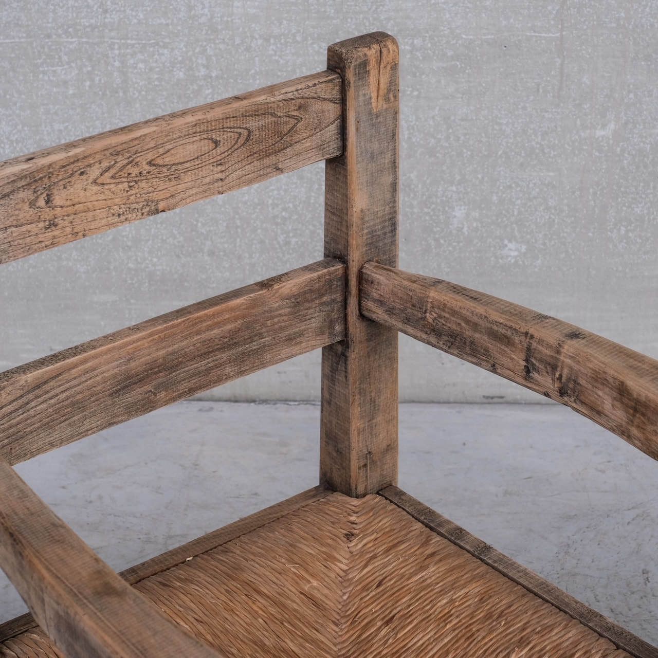 Furniture Pair Of Mid Century French Rush Primitive Oak Armchairs photo