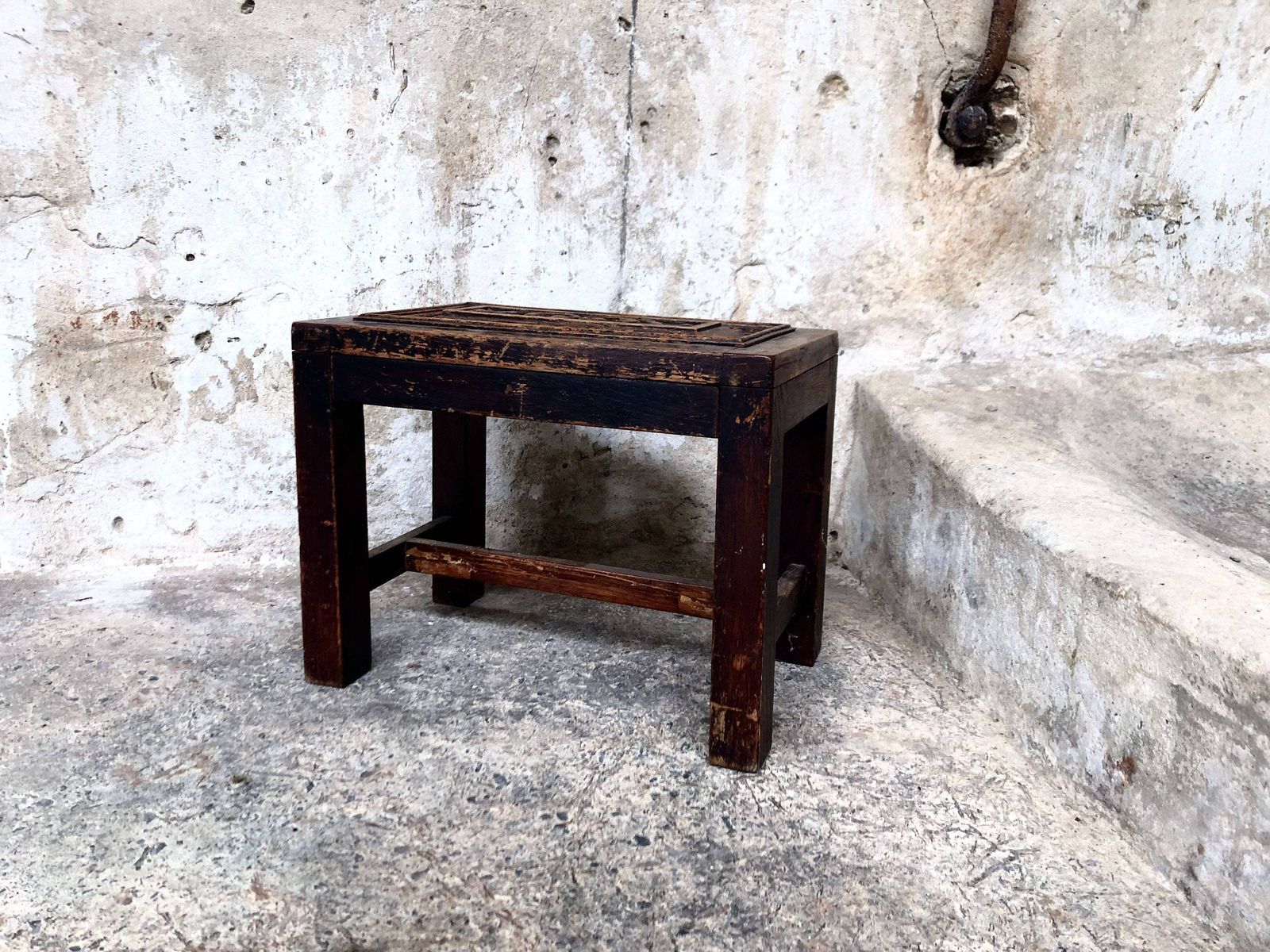 Antique Wooden Carved Foot Stool   Rustic Country Home photo furniture