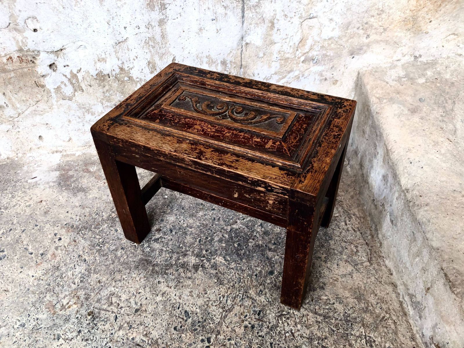 Antique Wooden Carved Foot Stool   Rustic Country Home photo Furniture