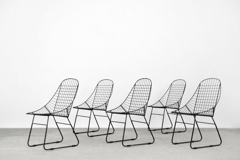 Scandinavian Mid Century Modern Minimalist Black Wire Prototype Chair, 1960s, Set Of 5