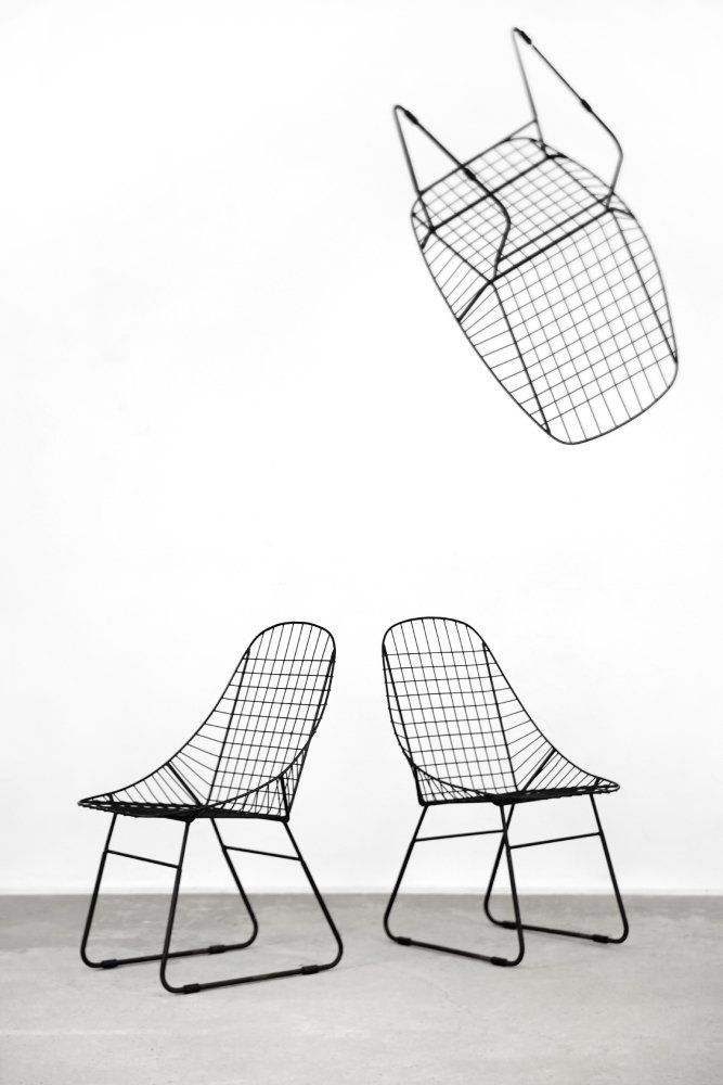 Scandinavian Mid Century Modern Minimalist Black Wire Prototype Chair, 1960s, Set Of 5 photo vinterior