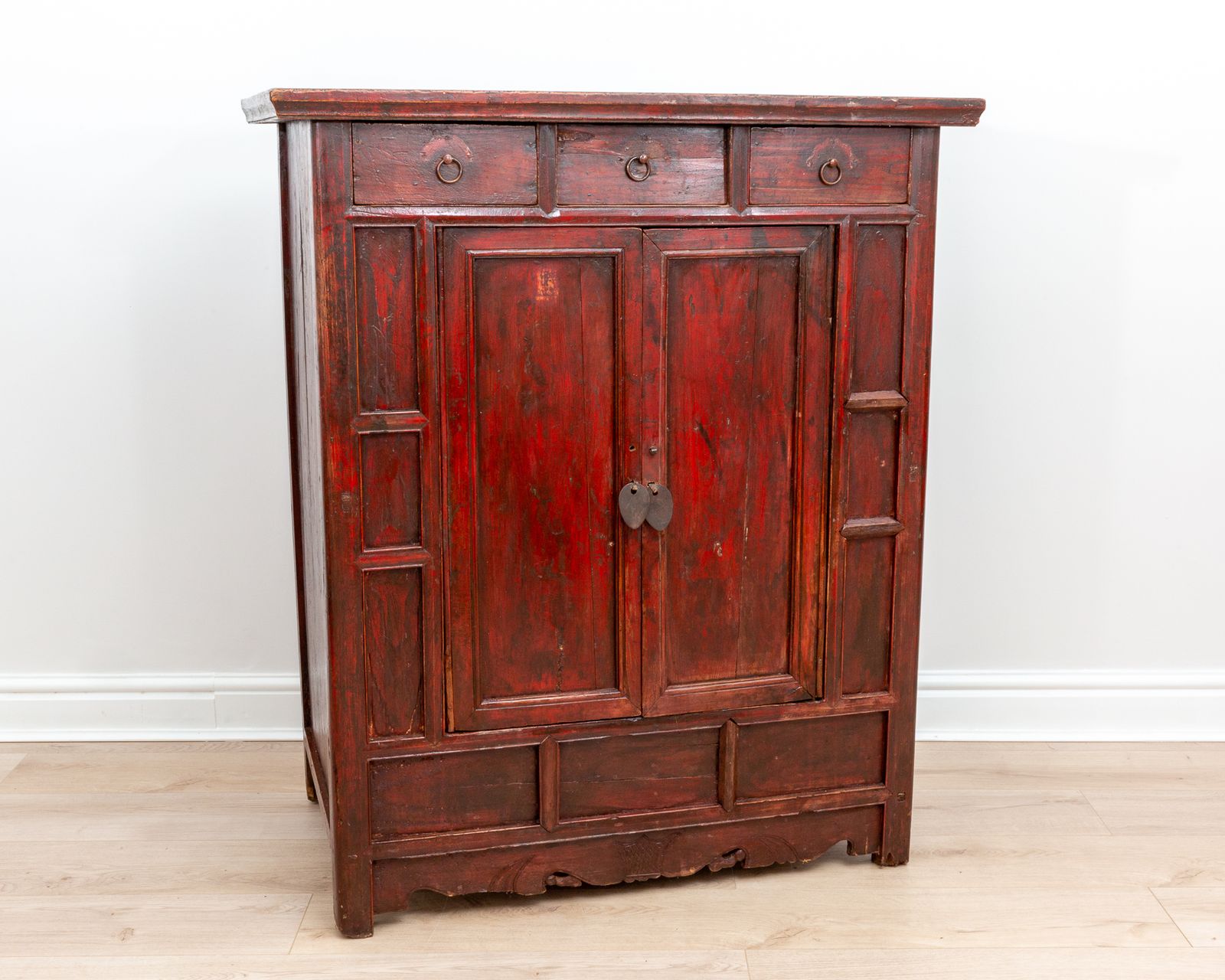 Rare Late 18th Century Chinese Red Lacquered Panelled Shanxi Wedding Cabinet Oriental photo furniture