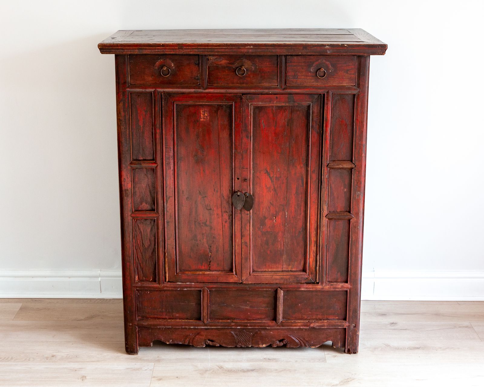 photo for sale Rare Late 18th Century Chinese Red Lacquered Panelled Shanxi Wedding Cabinet Oriental
