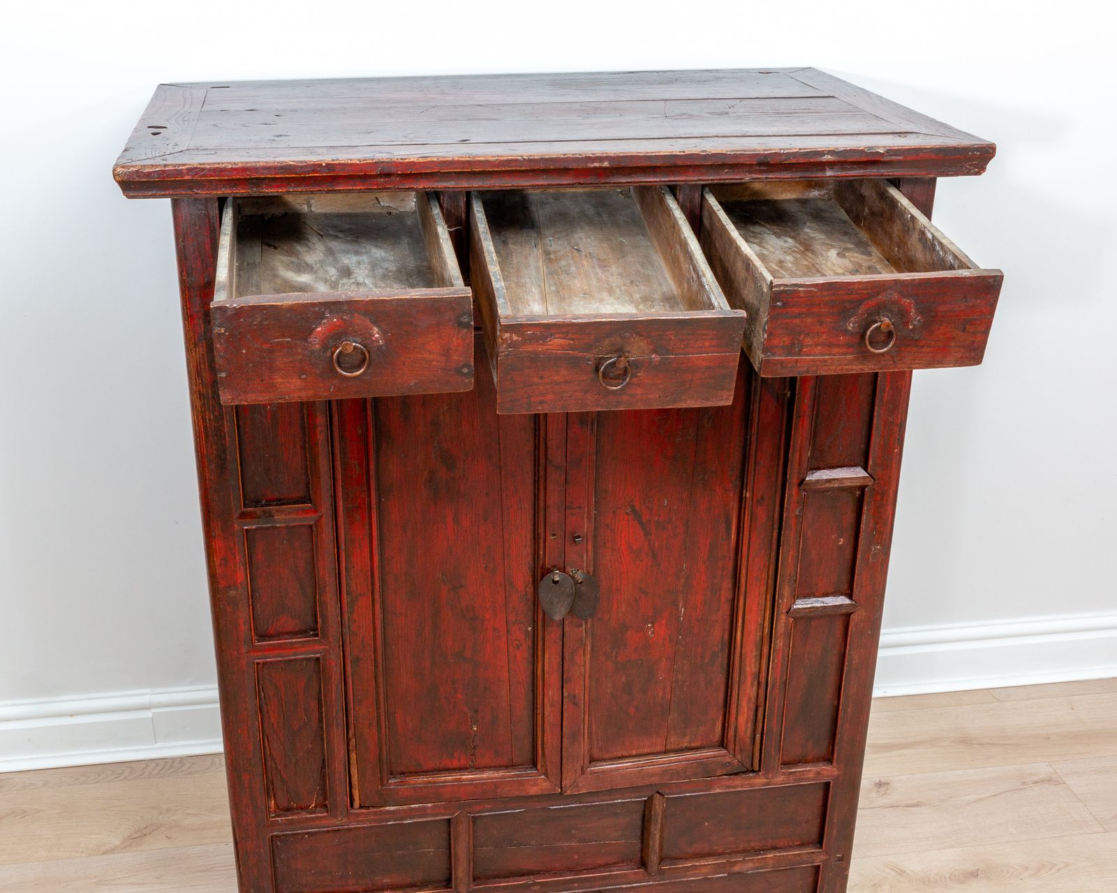 Rare Late 18th Century Chinese Red Lacquered Panelled Shanxi Wedding Cabinet Oriental photo 2250.0