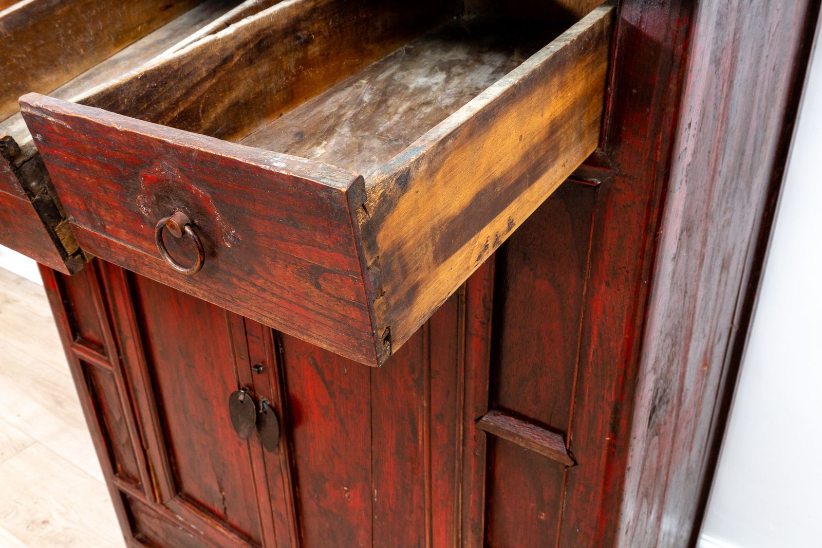 Furniture Rare Late 18th Century Chinese Red Lacquered Panelled Shanxi Wedding Cabinet Oriental photo