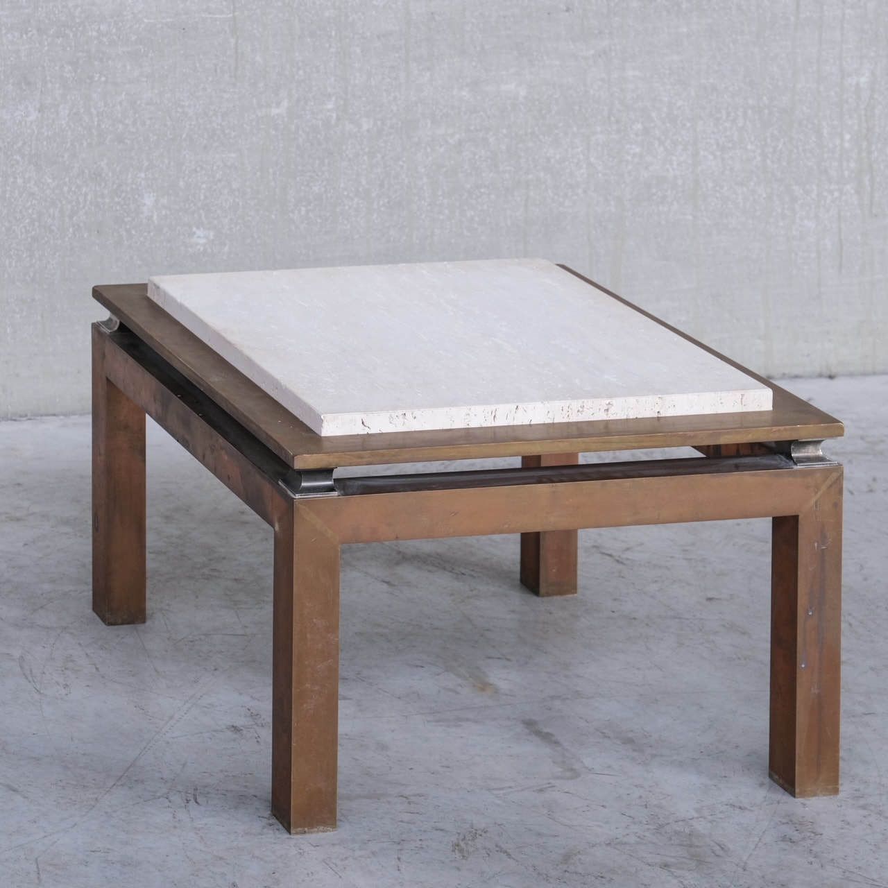 Travertine And Brass Mid Century French Side Or Coffee Table photo furniture