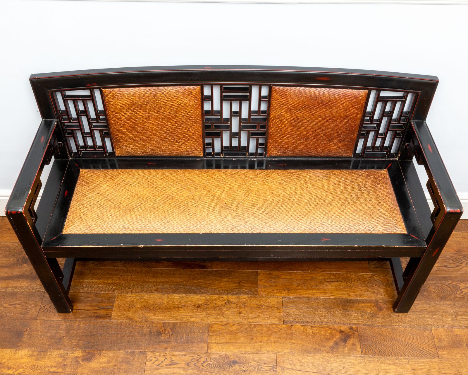 Rare Chinese Fretwork Black Lacquered Ebonised Rattan Bench Vintage Hallway Entrance Seat photo for sale