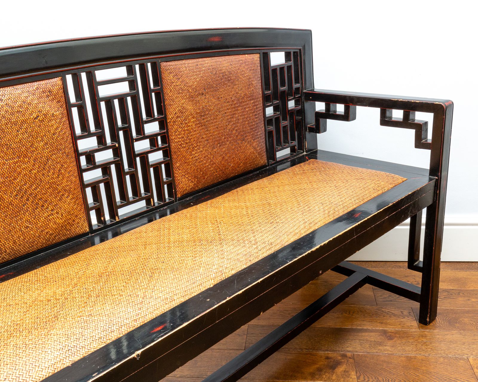 Rare Chinese Fretwork Black Lacquered Ebonised Rattan Bench Vintage Hallway Entrance Seat photo vinterior