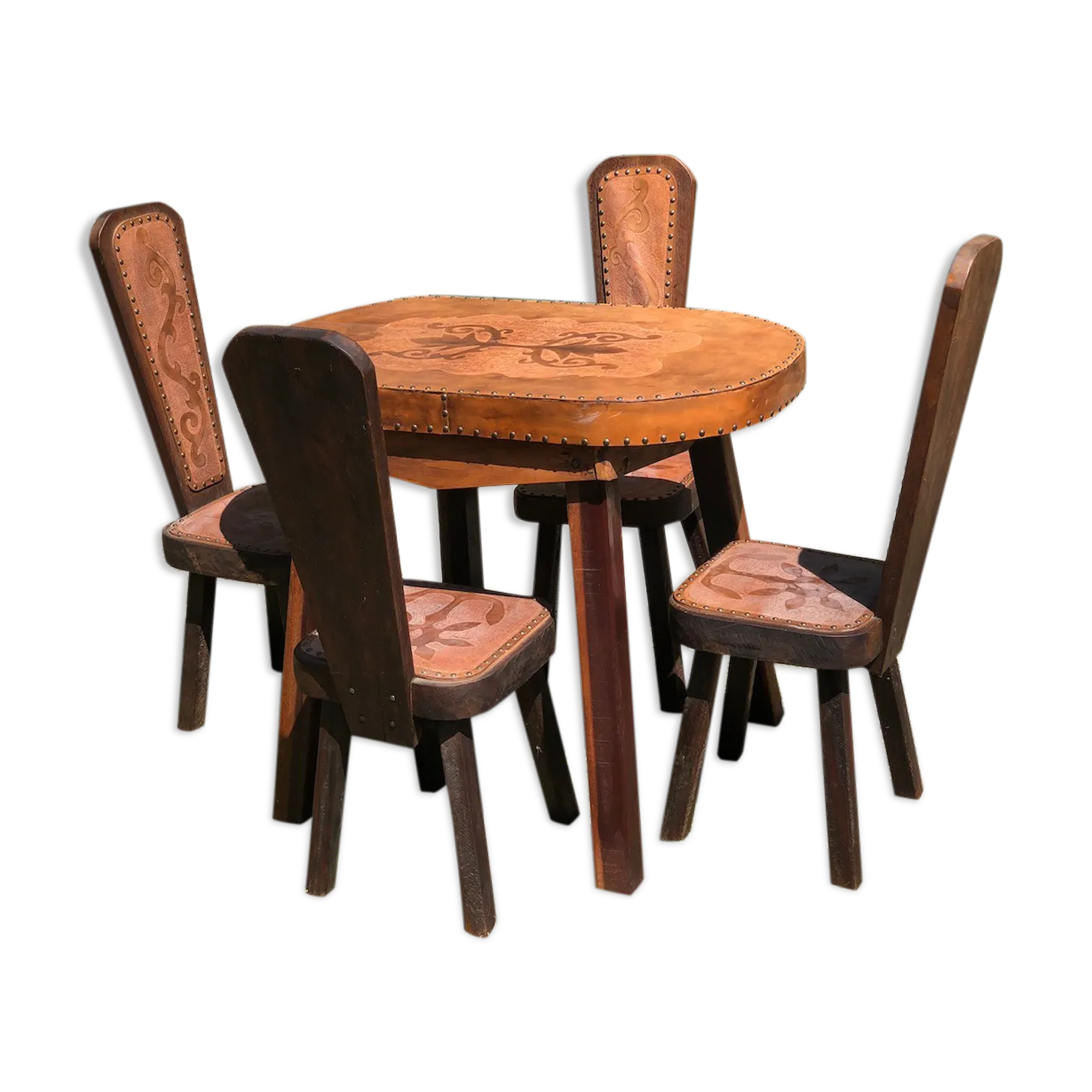 Table And 4 Brutalism Oak And Leather Chairs 1960