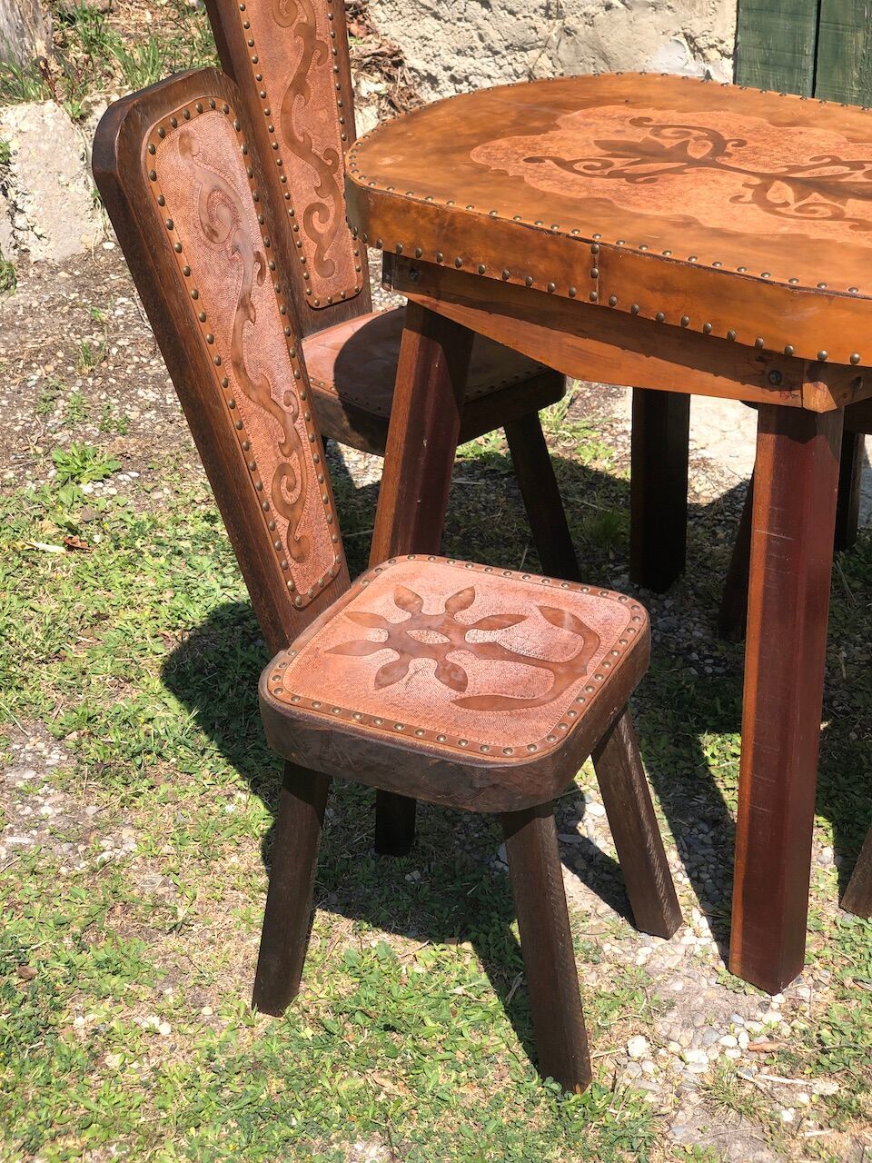 Table And 4 Brutalism Oak And Leather Chairs 1960 photo furniture