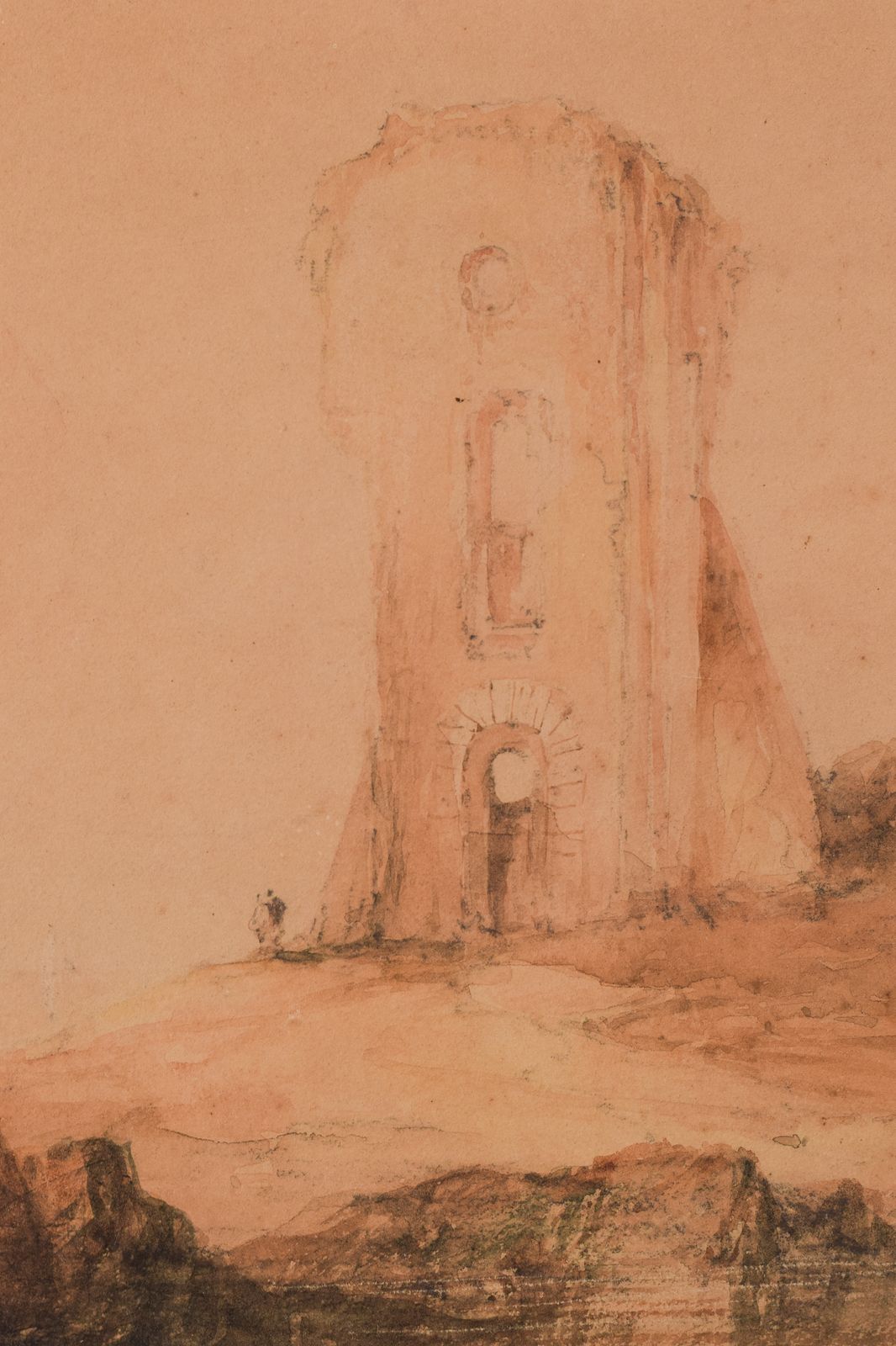 19e Eeuwse Aquarel – Figuren En Toren photo Kunst