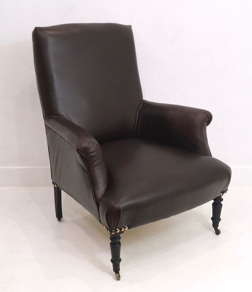A Handsome Leather Upholstered French Napoleon III Armchair photo for sale