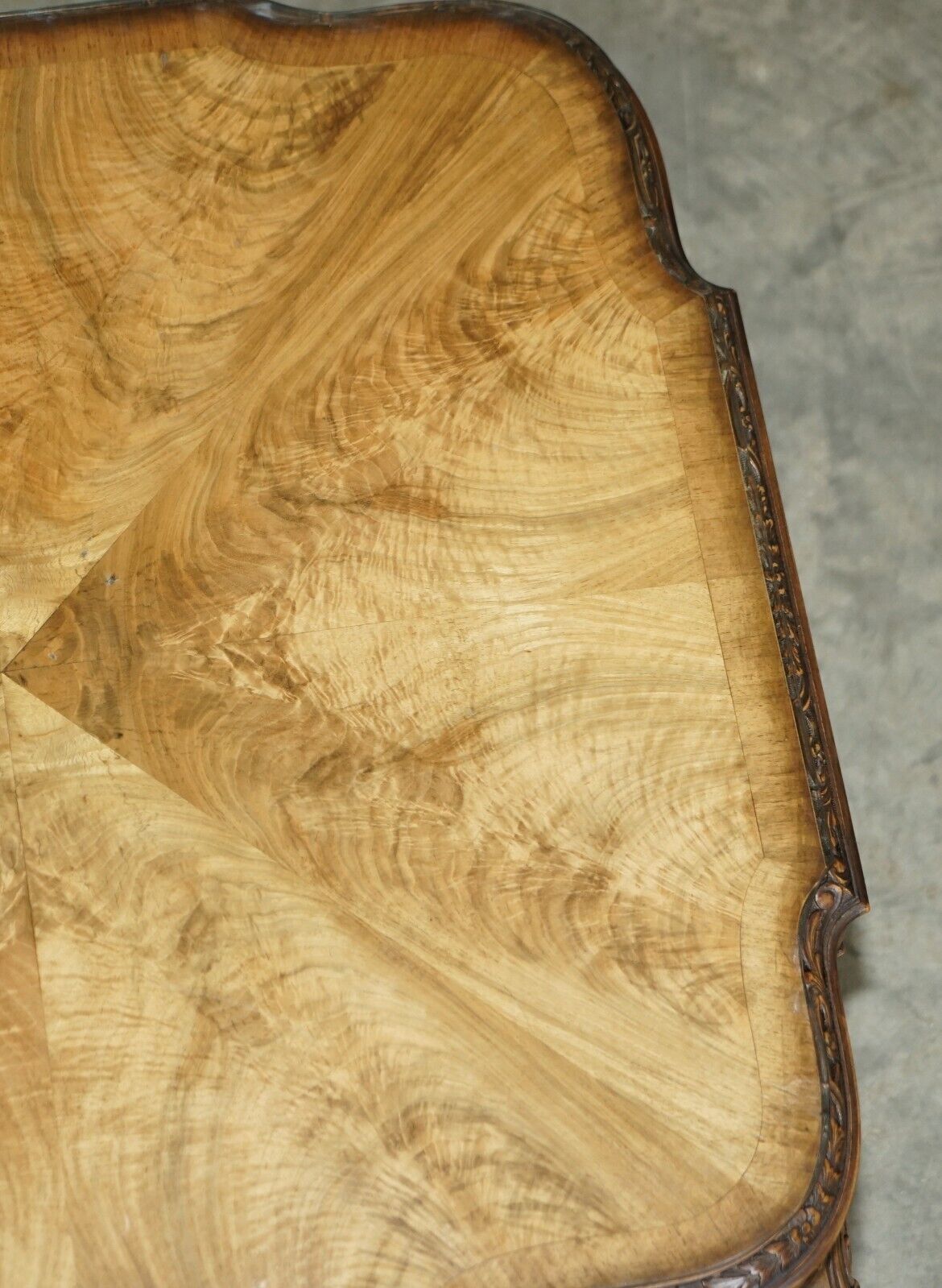 1850.0 Exquisite Burr Walnut Coffee Cocktail Table With Ornately Carved Cabriole Legs photo