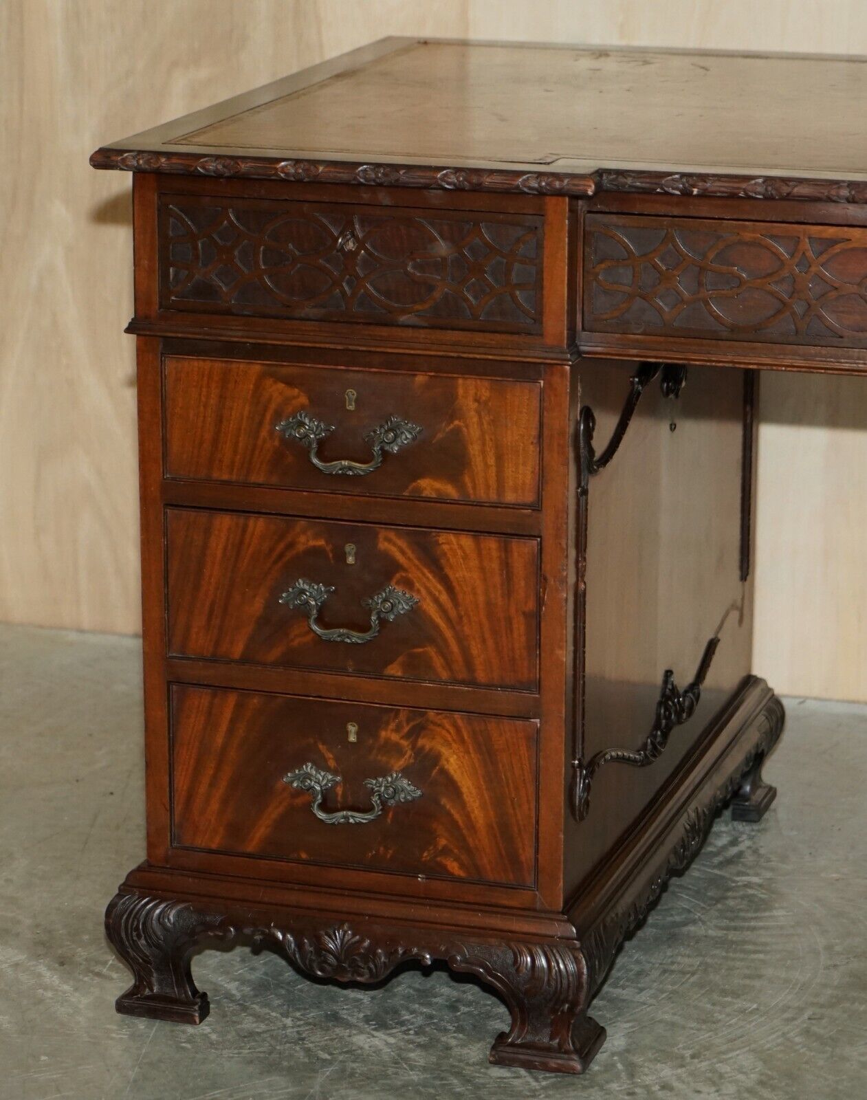 Antique Thomas Chippendale Revival Inverted Breakfront Partner Desk Leather Top photo for sale