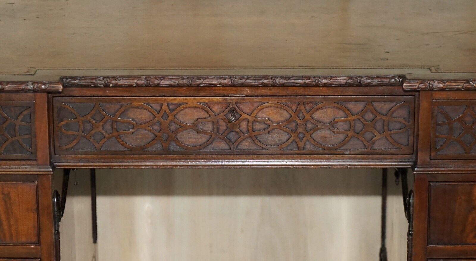 Antique Thomas Chippendale Revival Inverted Breakfront Partner Desk Leather Top photo Furniture