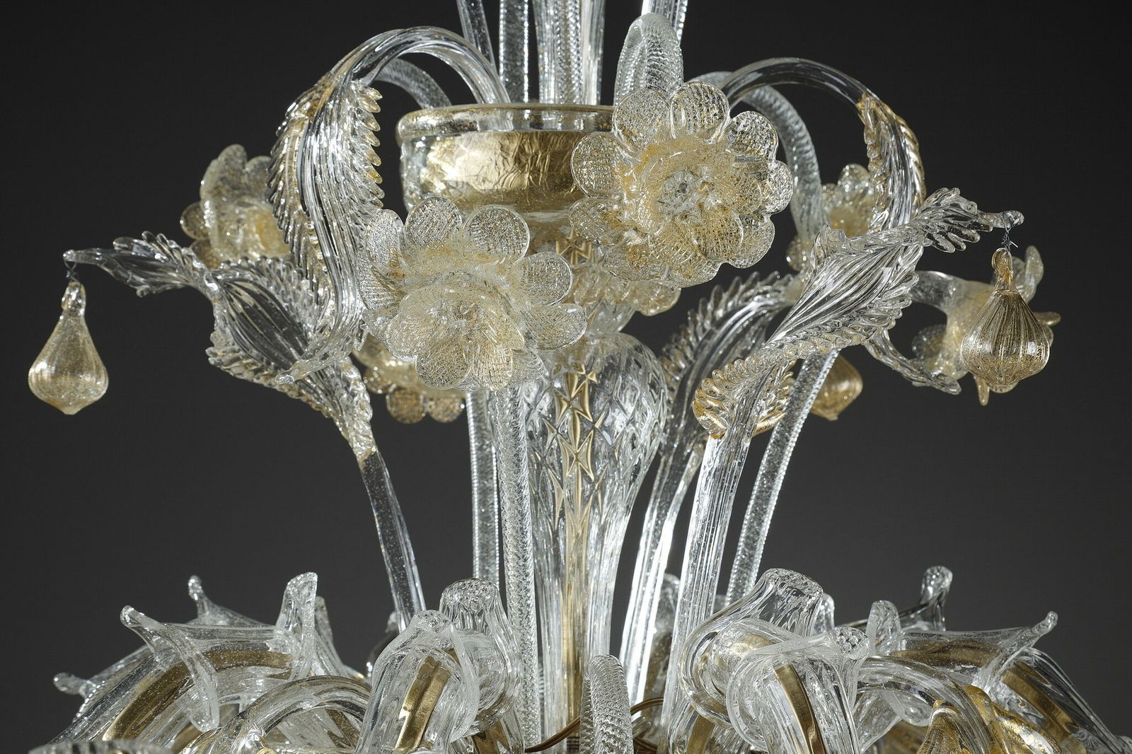 photo for sale Large Murano Glass Chandelier With Eight Arms Of Light Decorated With Gold