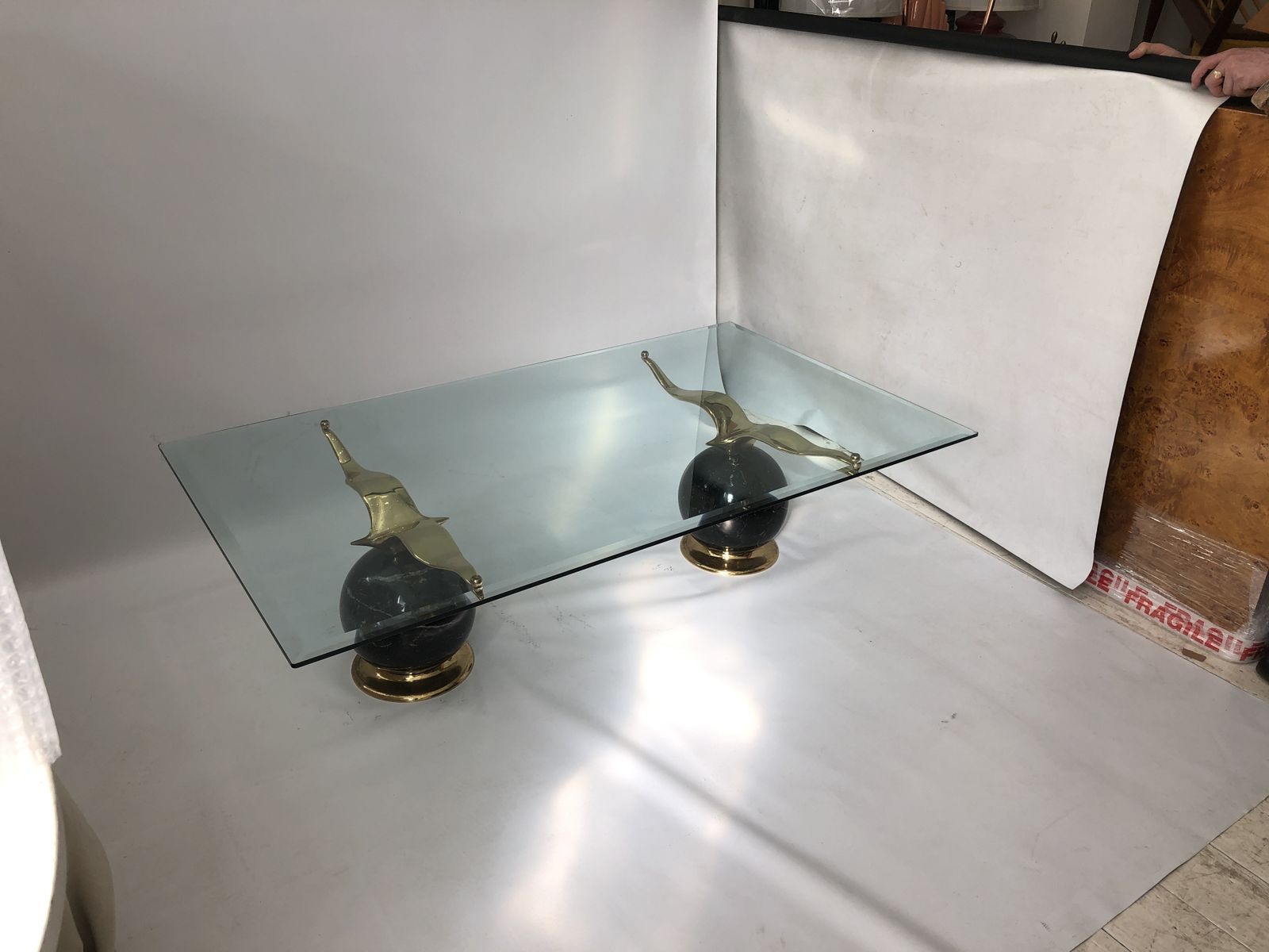 3150.0 Hollywood Regency Marble Brass Birds Glass Coffee Table 1970s Gold 80s Albatross photo