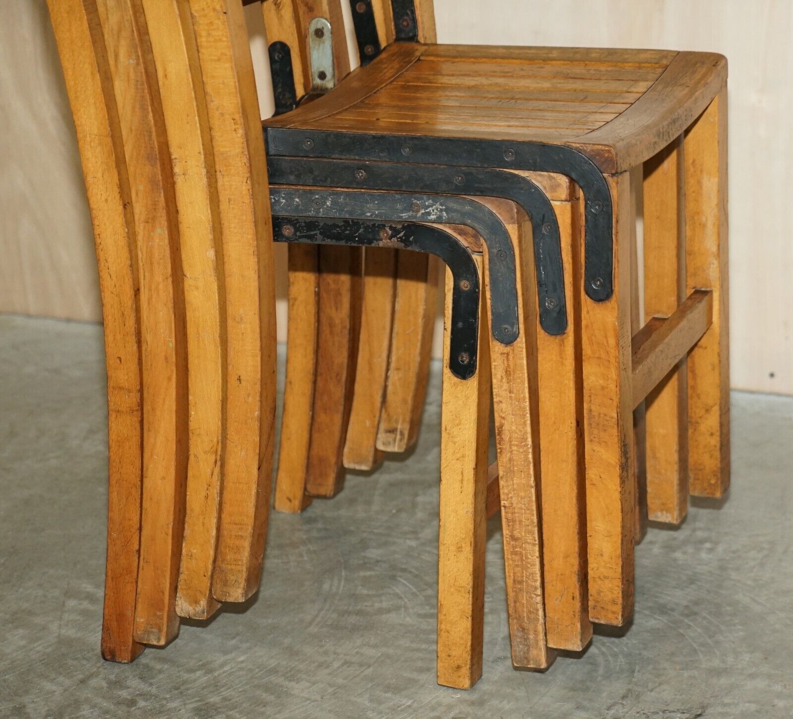 Nice Vintage Set Of Circa 1930's English Oak Stacking Chairs With Period Finish photo Furniture