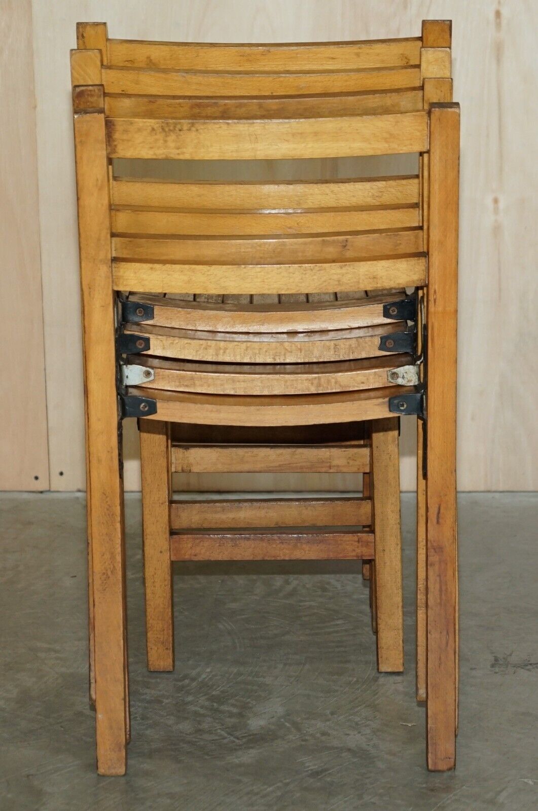 Nice Vintage Set Of Circa 1930's English Oak Stacking Chairs With Period Finish photo 750.0
