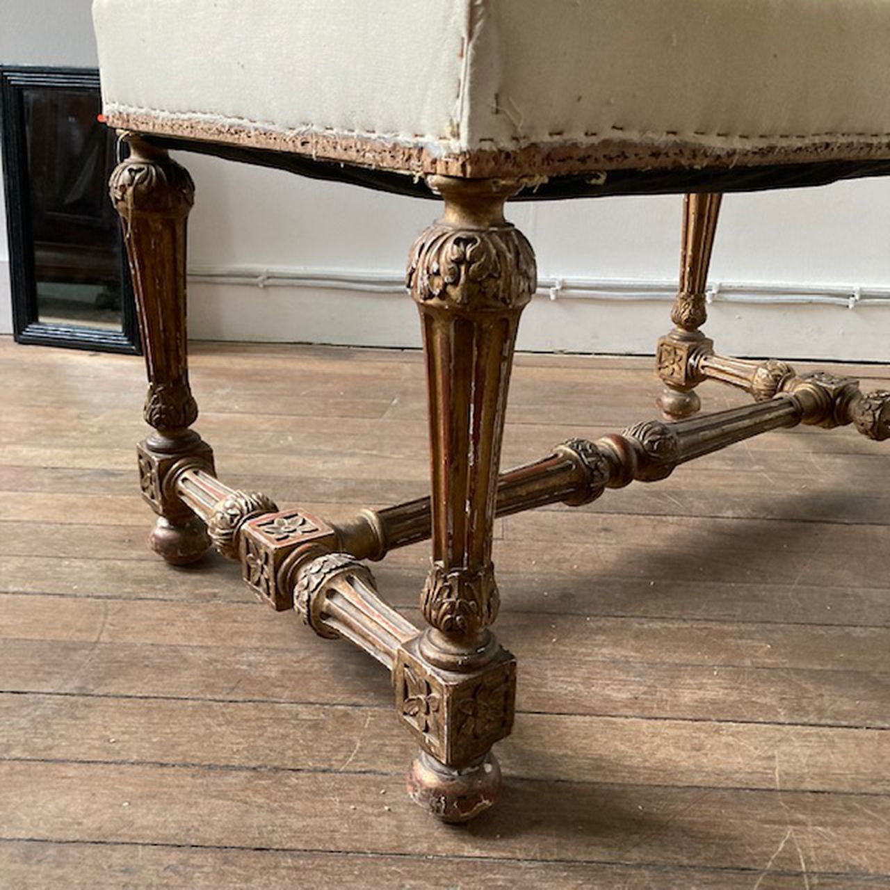 French Giltwood Stool, Calico Covered Seat By Maison Krieger, Paris. C.1880 photo for sale
